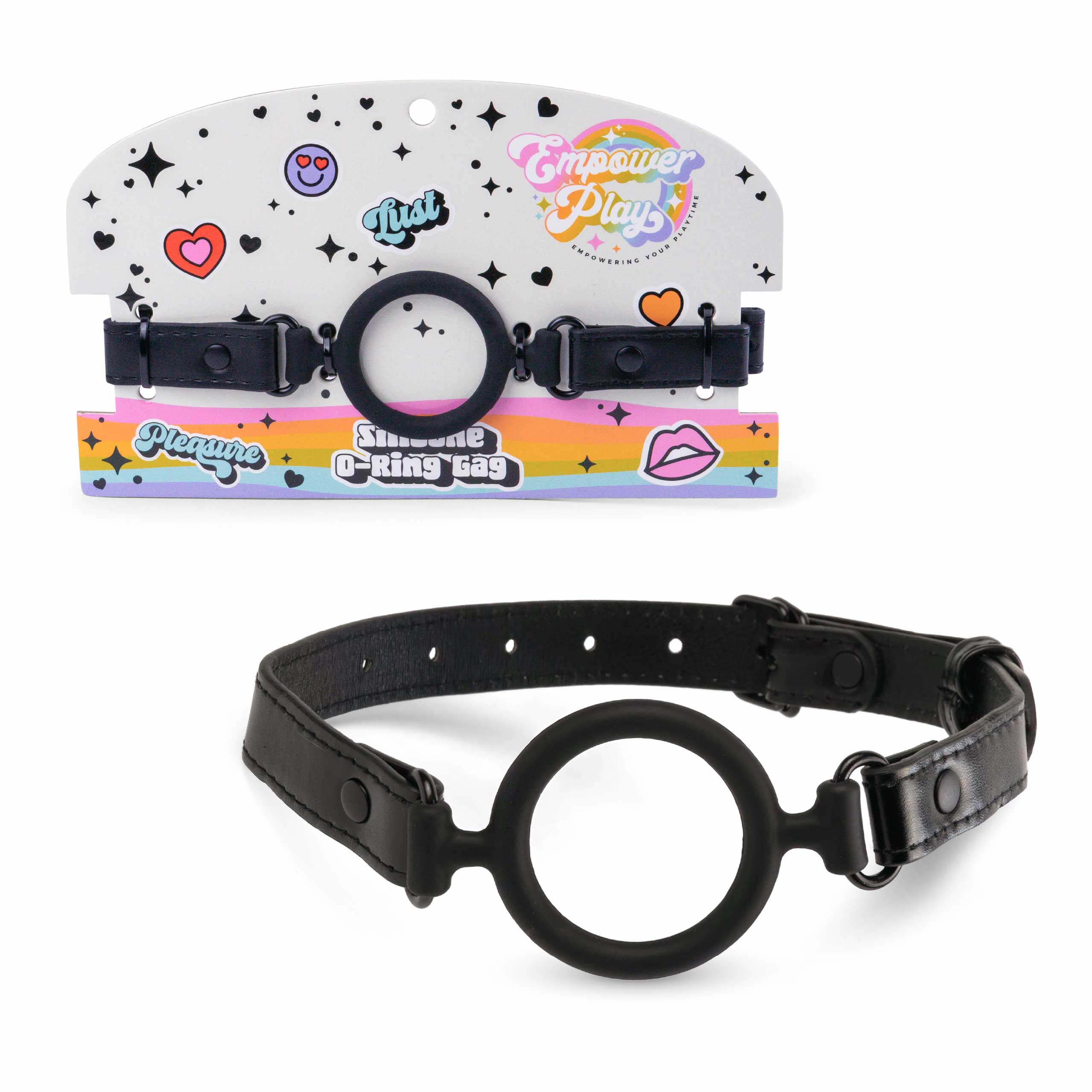 Midnight black silicone O-ring gag by Empower Play shown with retail packaging and adjustable PU leather straps