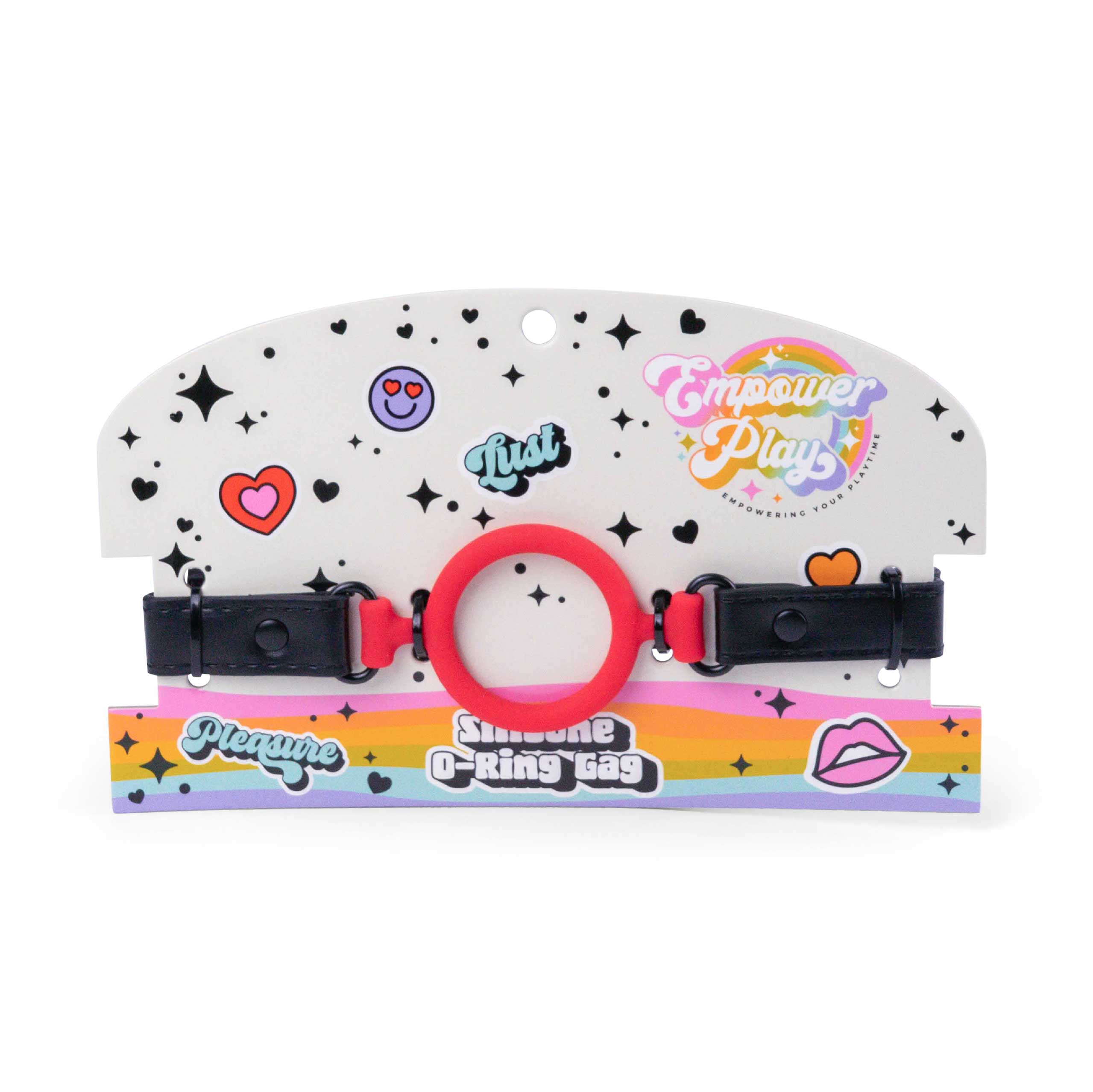 Empower Play scarlet red silicone O-ring gag displayed with branded retail packaging