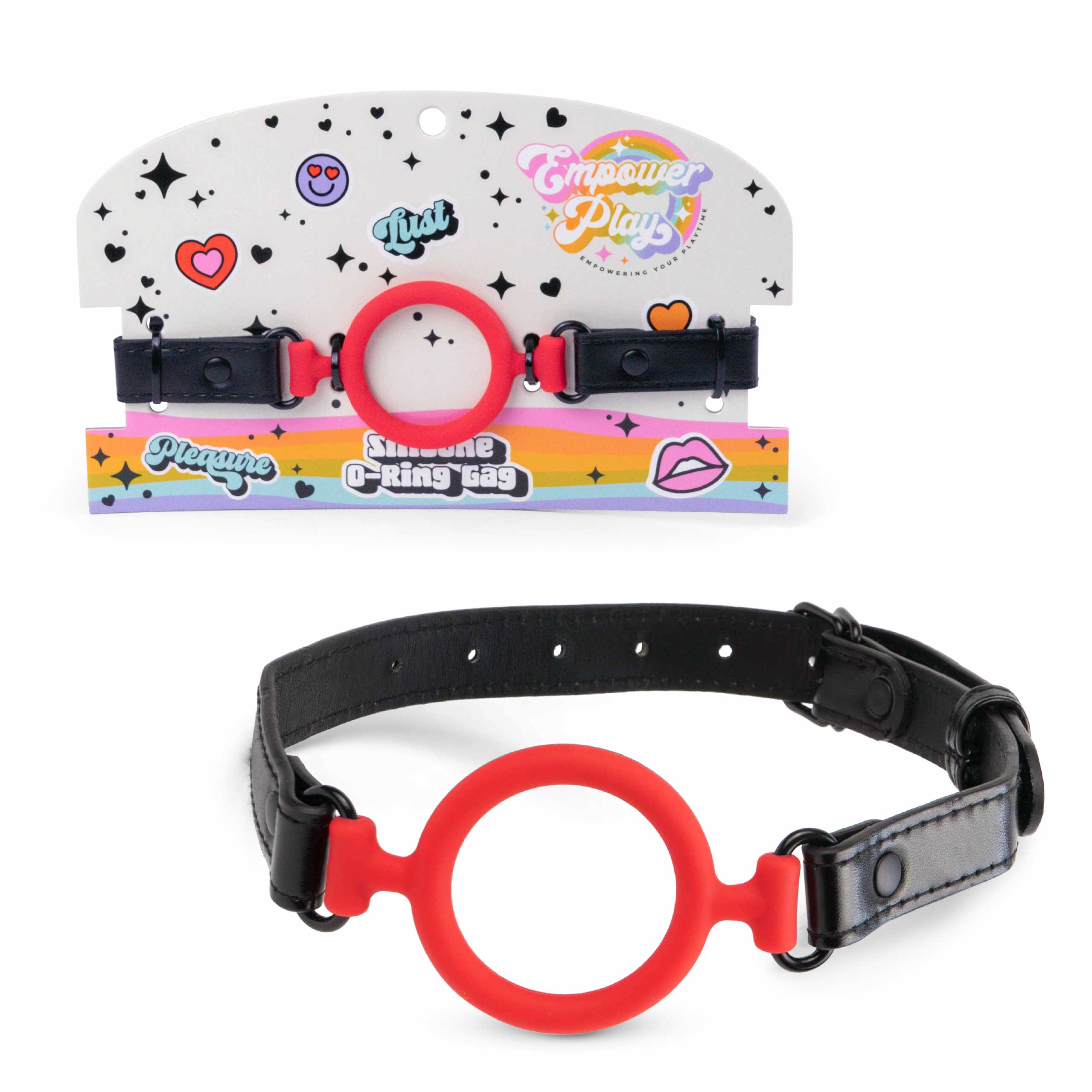 Scarlet red silicone O-ring gag by Empower Play shown with retail packaging and adjustable PU leather straps