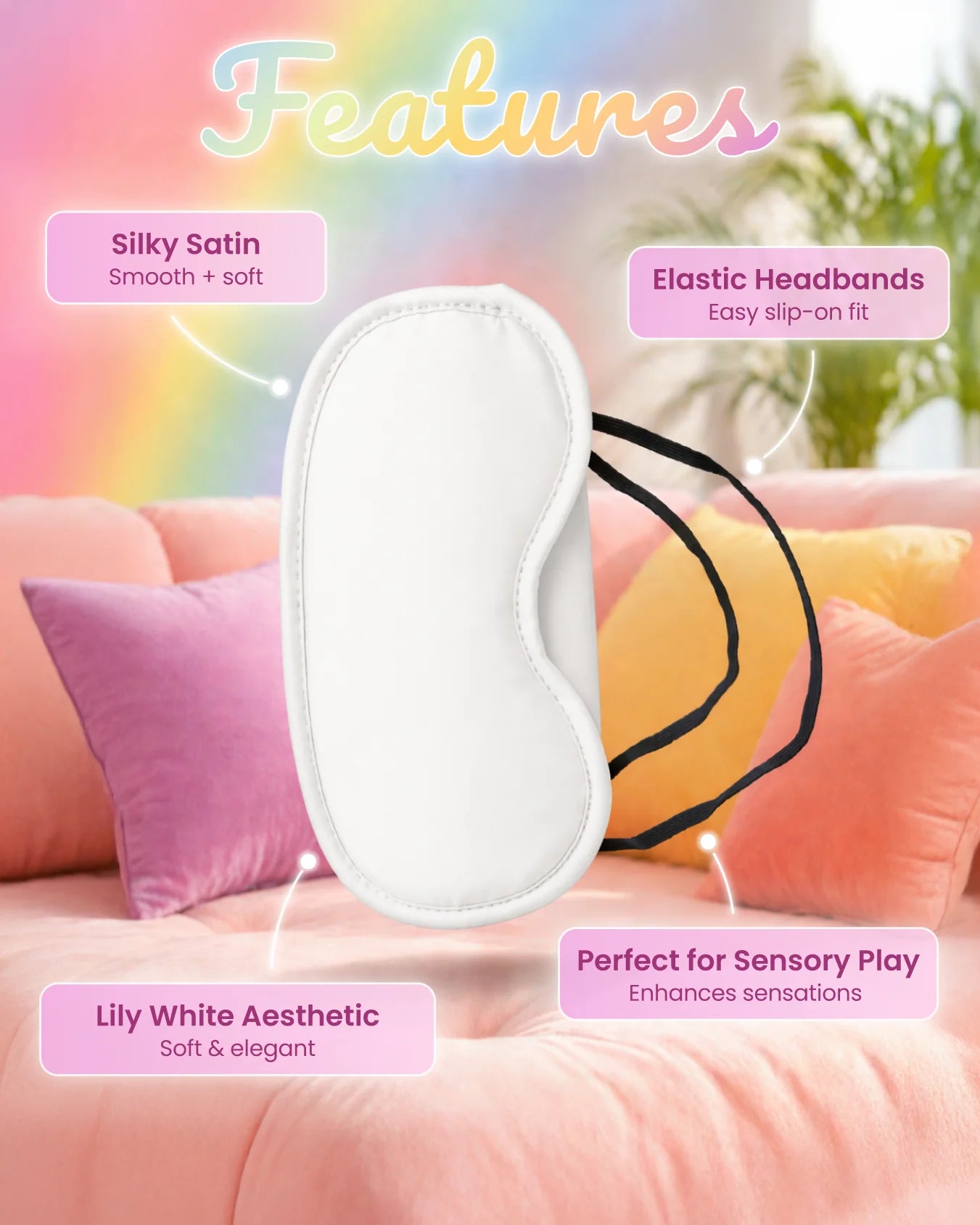 White satin blindfold with silky smooth finish and elastic strap designed for comfortable sensory play