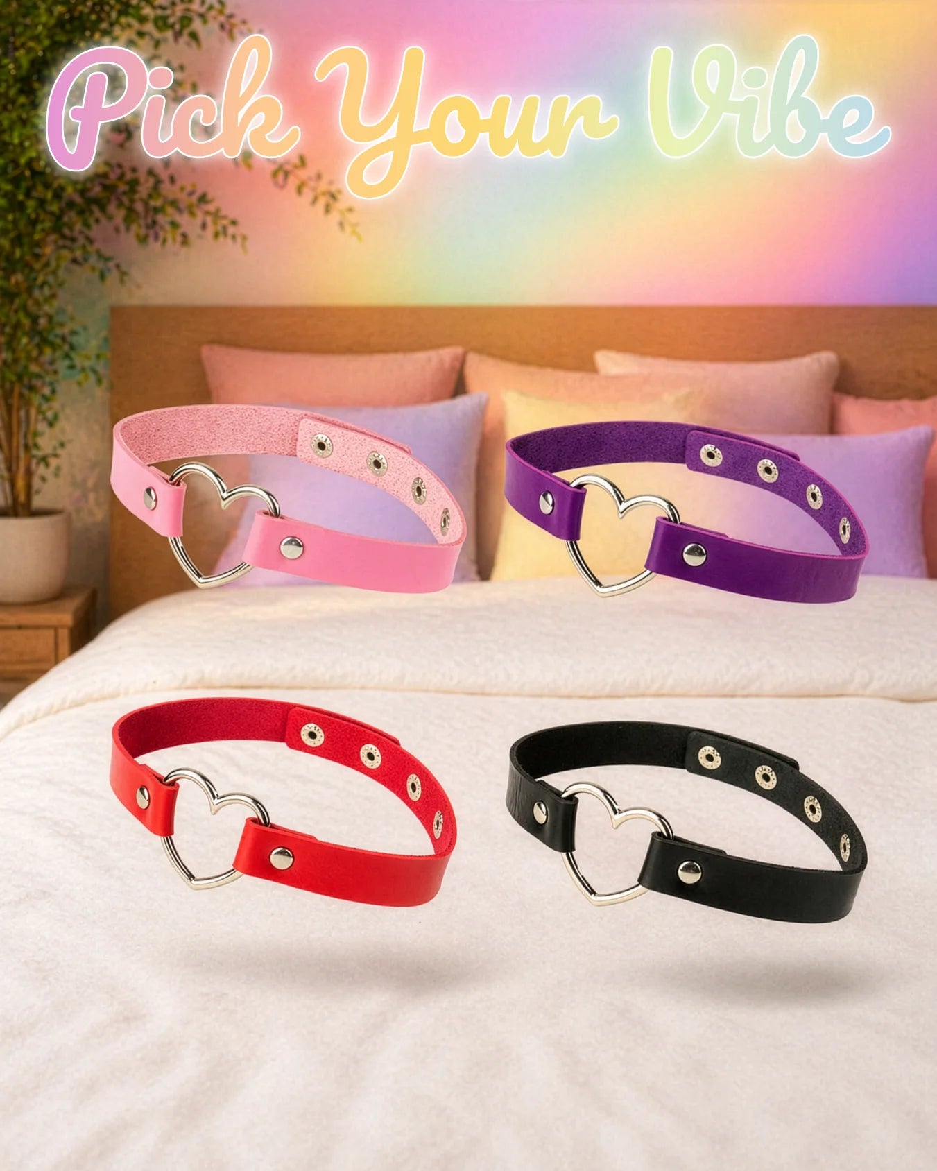 Faux leather heart choker collar available in pink, purple, red, and black, adjustable BDSM collars for expressive restraint and style
