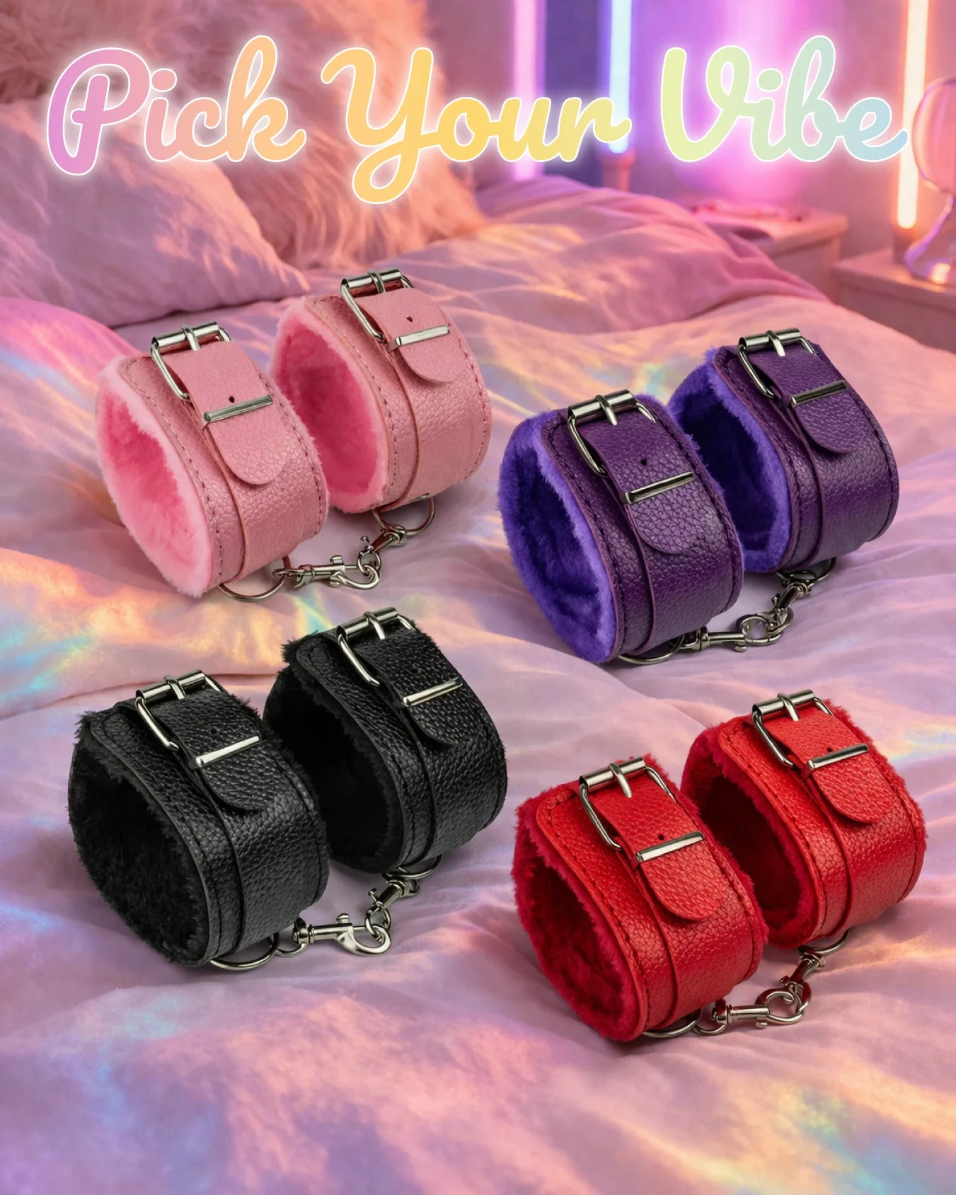 Fur-lined ankle restraints in pink, purple, black, and red with adjustable straps for beginner BDSM restraint play