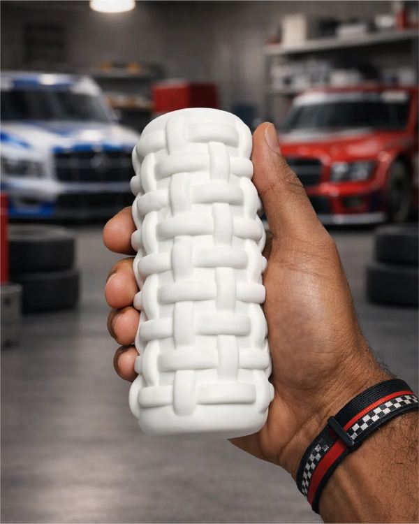 High Octane male stroker held in hand showing size scale and maximum texture exterior