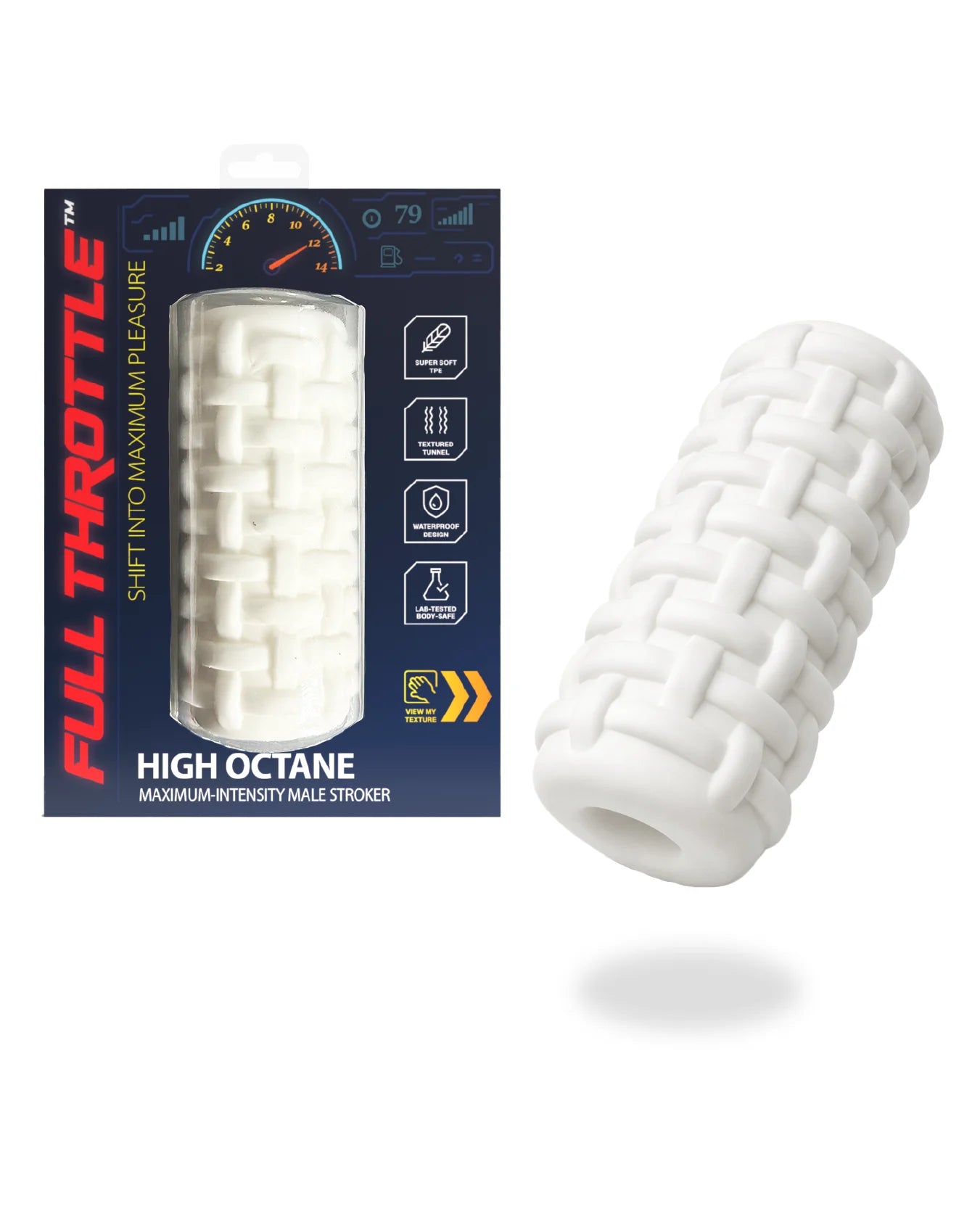High Octane male stroker packaging and product showing maximum intensity design and textured TPE sleeve