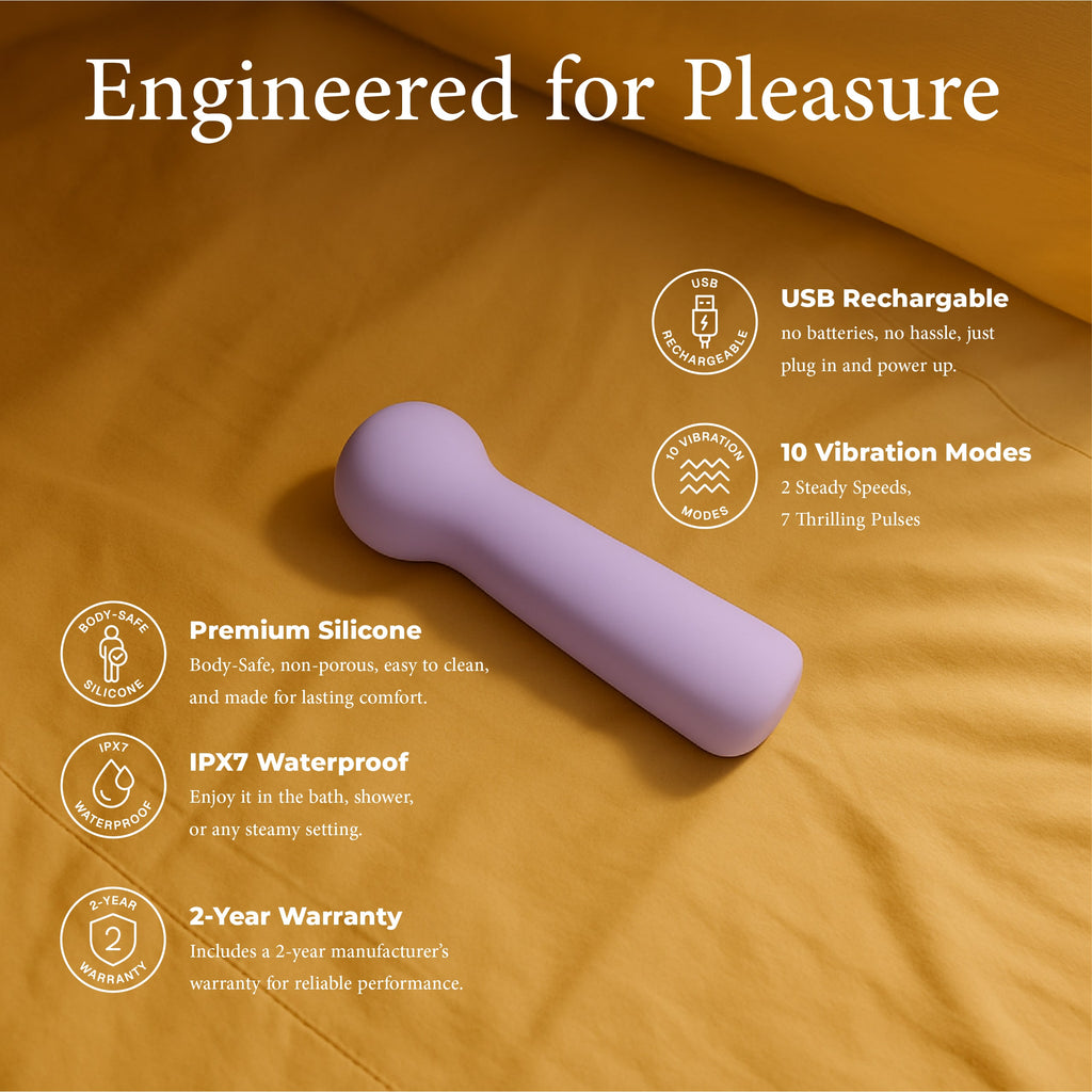 Joy Penny mini wand clitoral massager in purple features including body safe silicone USB recharge and waterproof use