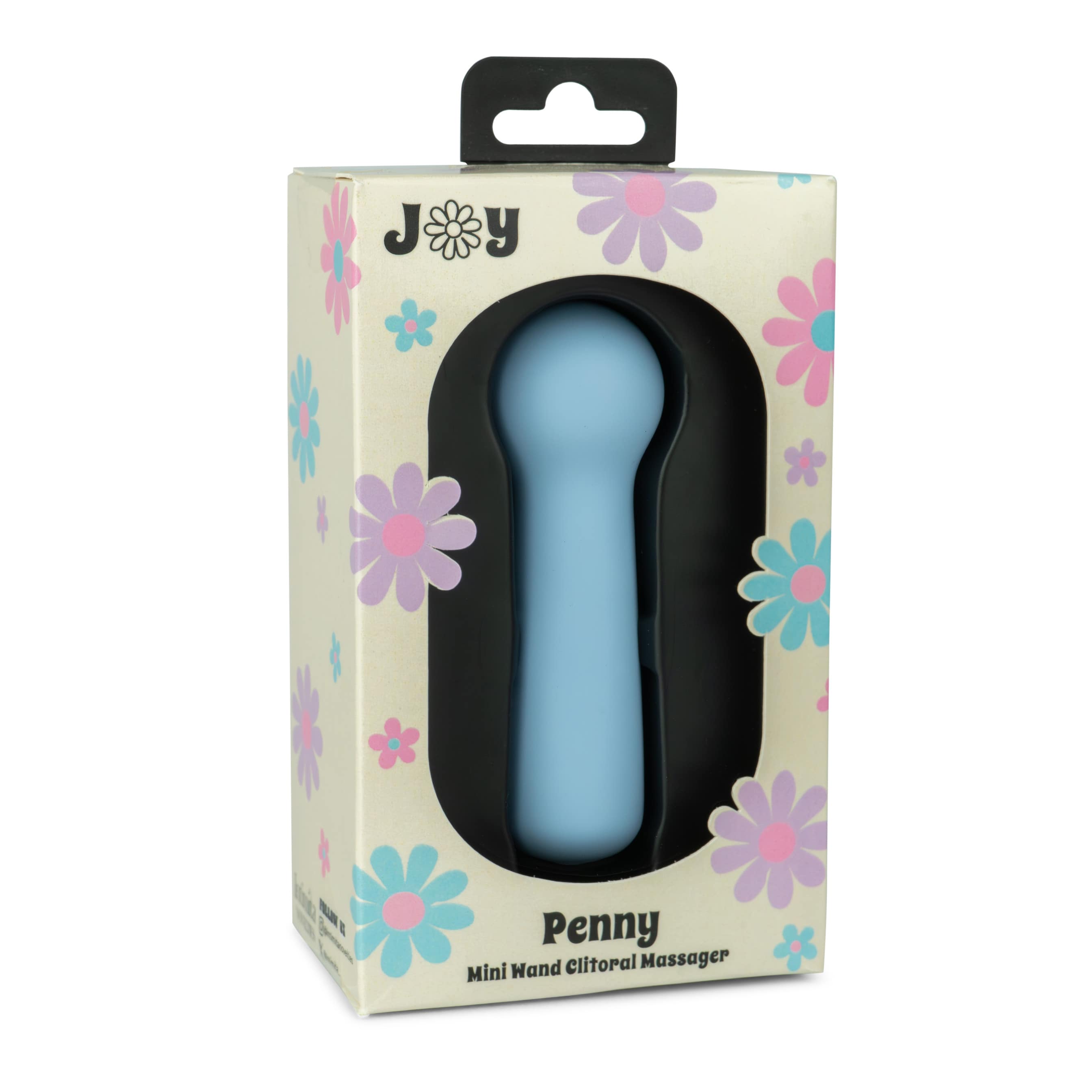 Joy Penny mini wand clitoral massager in pastel blue displayed inside floral themed packaging