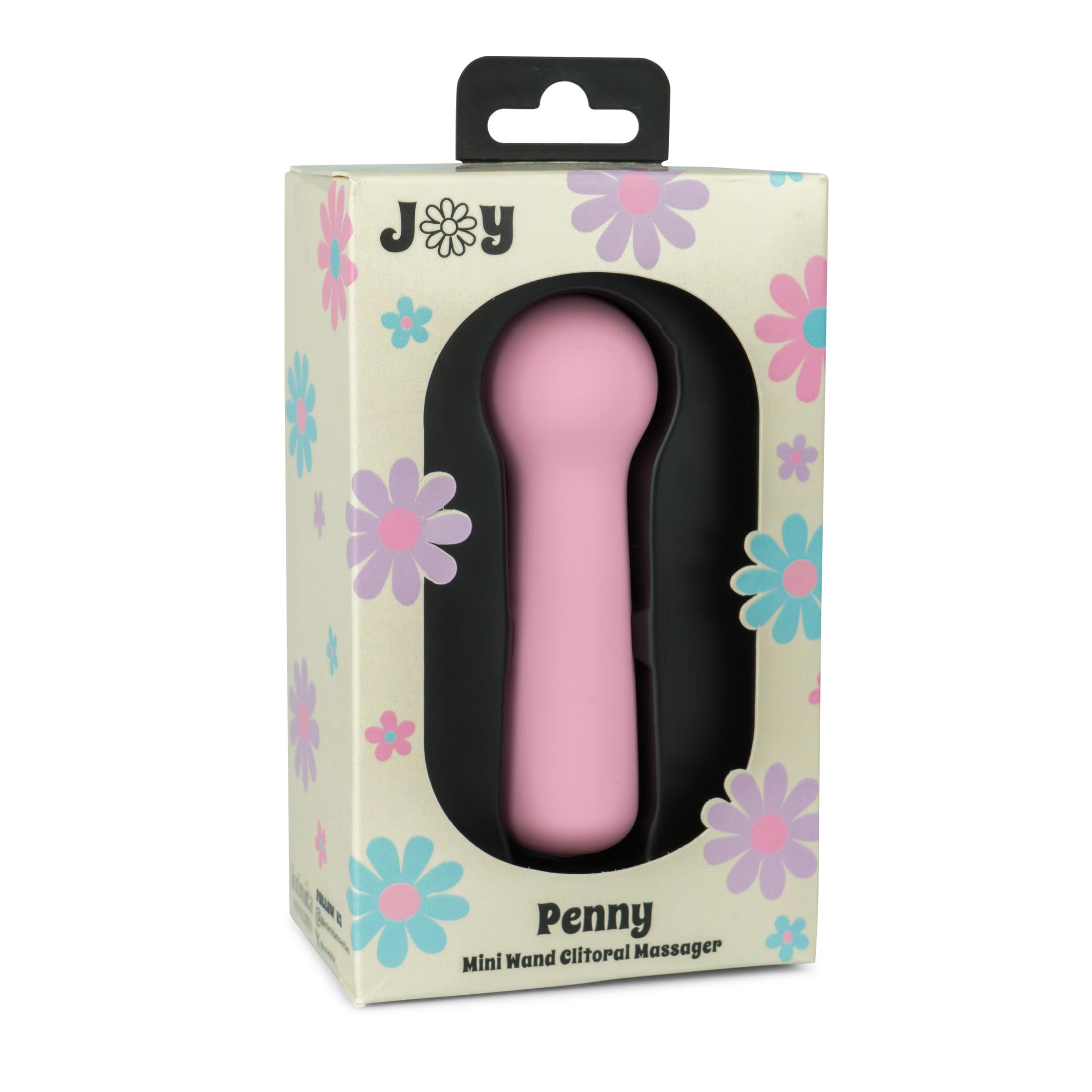 Joy Penny mini wand clitoral massager in pastel pink displayed inside floral retail packaging