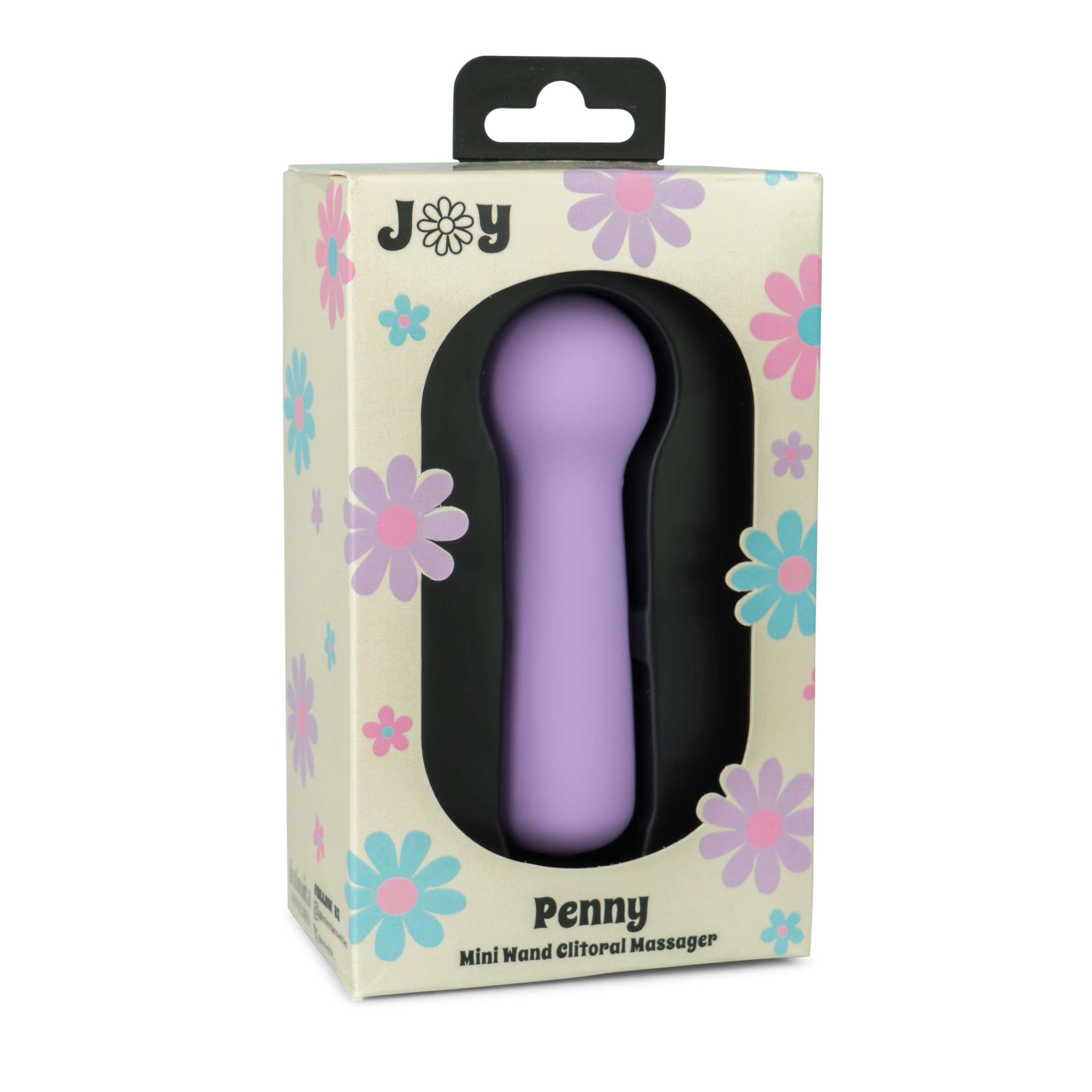 Joy Penny mini wand clitoral massager in pastel purple displayed inside floral box packaging