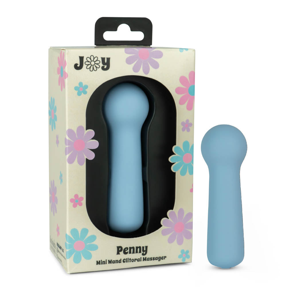 Joy Penny mini wand clitoral massager in pastel blue shown with retail packaging for compact stimulation