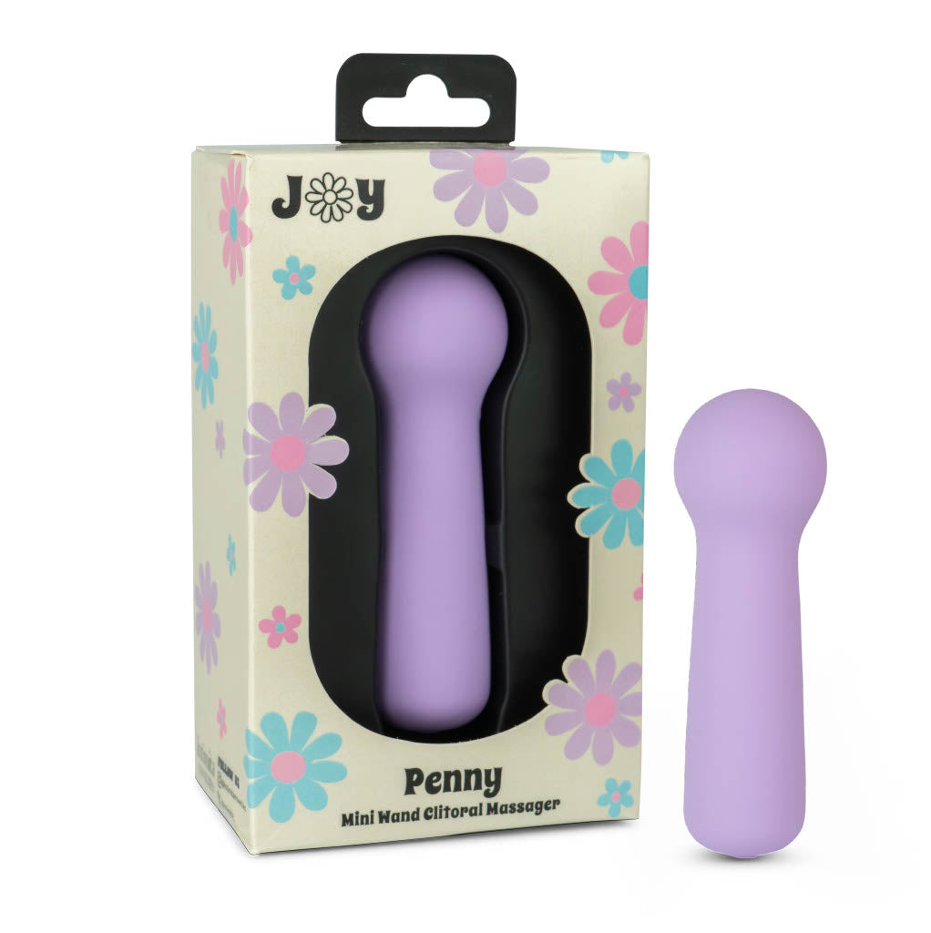 Joy Penny mini wand clitoral massager in pastel purple shown with retail packaging for external pleasure