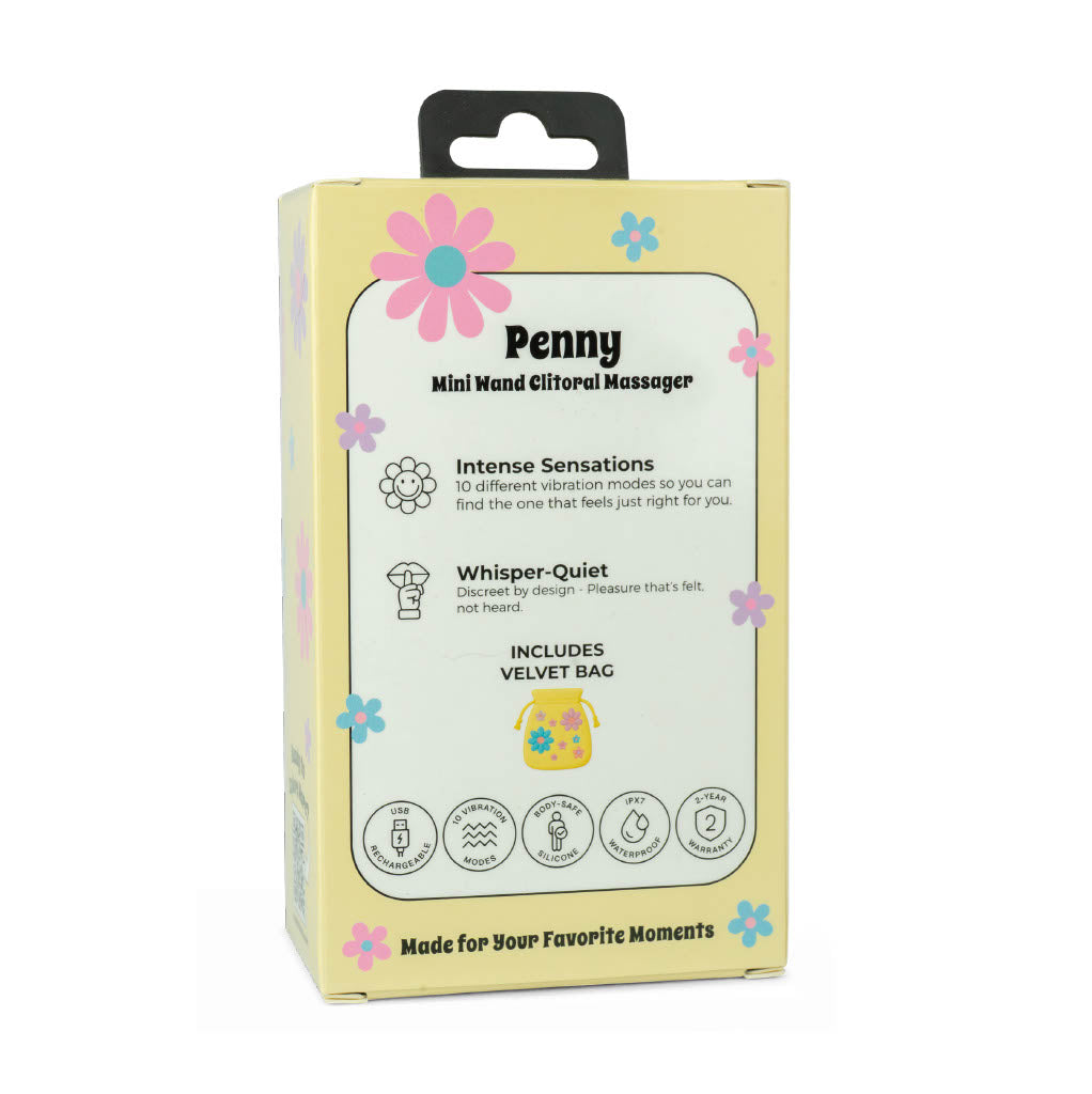 Back of Joy Penny mini wand vibrator packaging highlighting vibration modes waterproof design and velvet bag