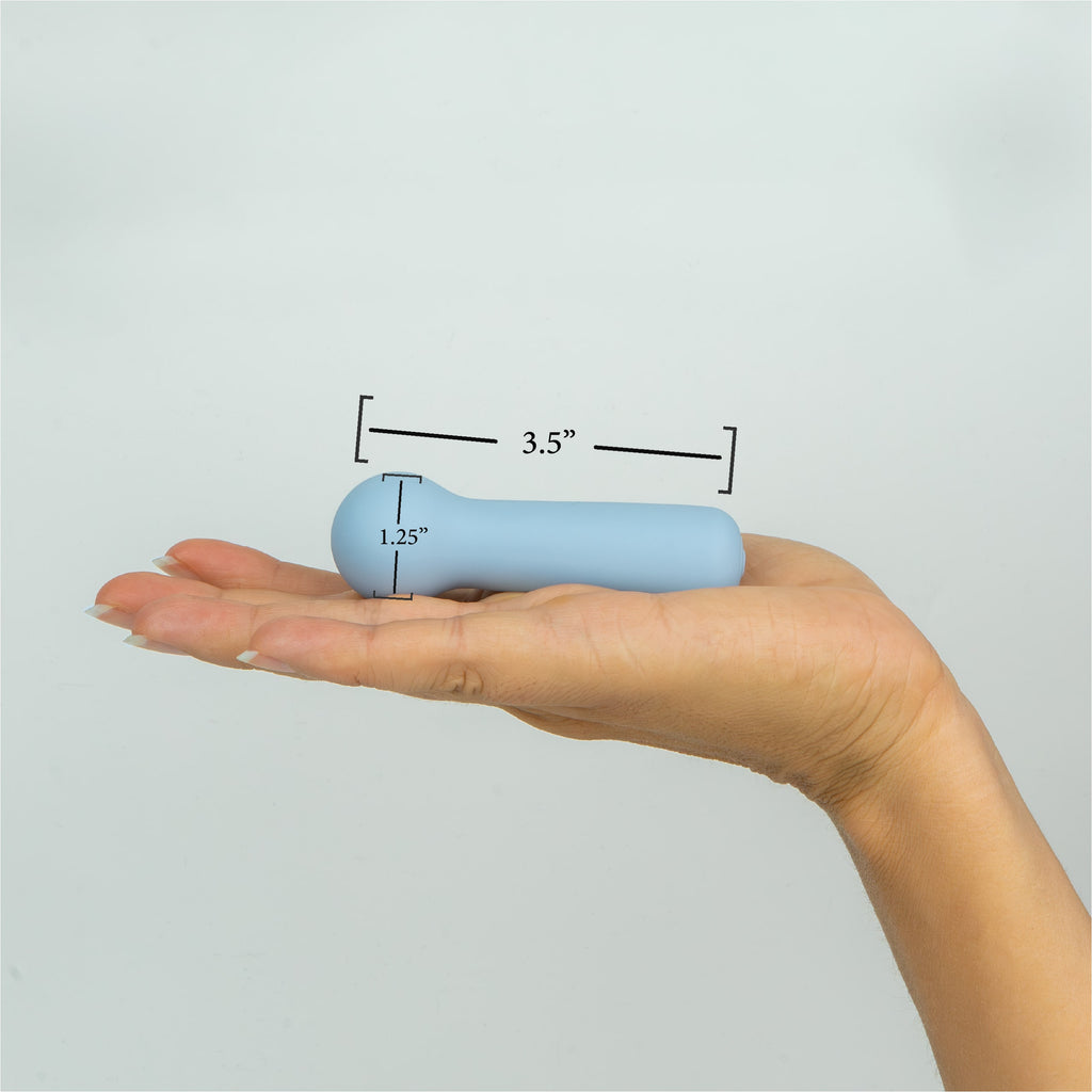 Joy Penny blue mini wand vibrator size reference showing compact length and rounded head