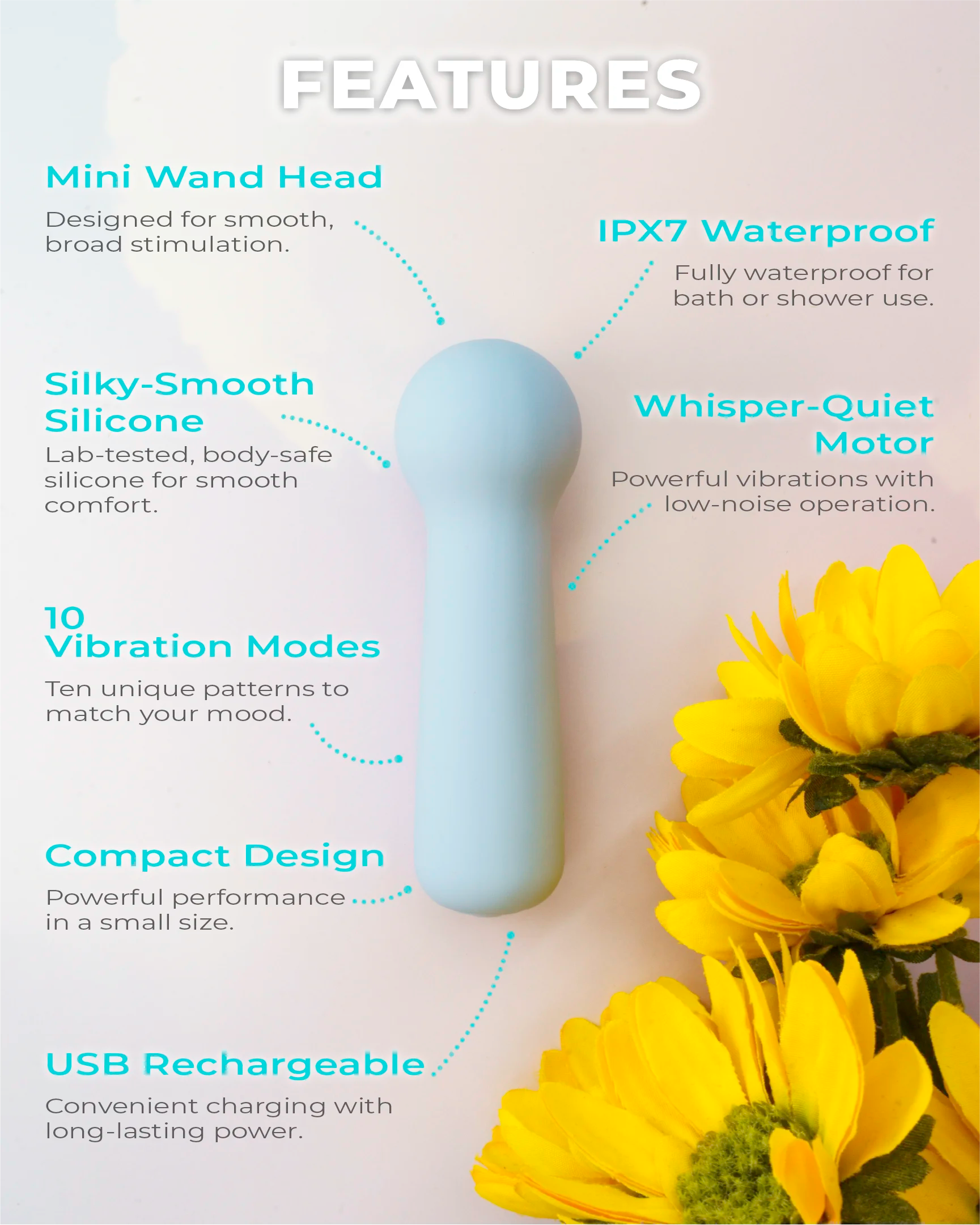 Joy Penny pastel blue mini wand vibrator featuring USB rechargeable battery, waterproof design, quiet motor and multiple vibration modes