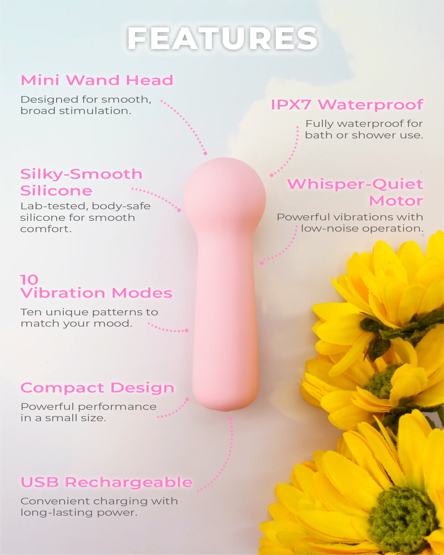 Joy Penny pastel pink mini wand vibrator featuring waterproof design, whisper-quiet motor, multiple vibration modes and USB rechargeable battery