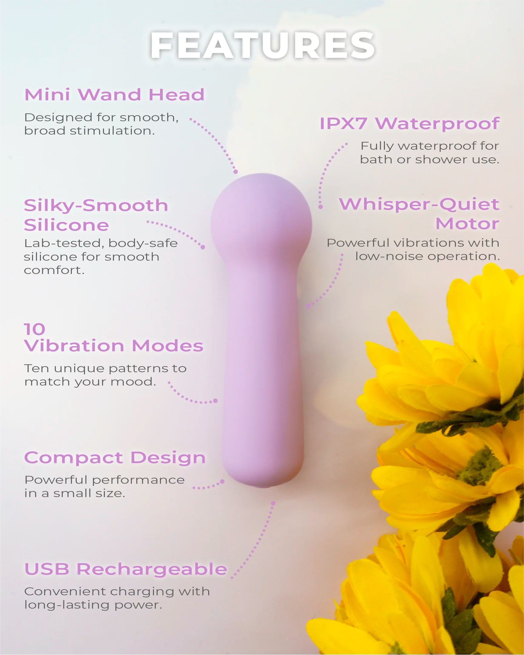 Joy Penny pastel purple mini wand vibrator with quiet motor, waterproof body, multiple vibration settings and USB rechargeable power