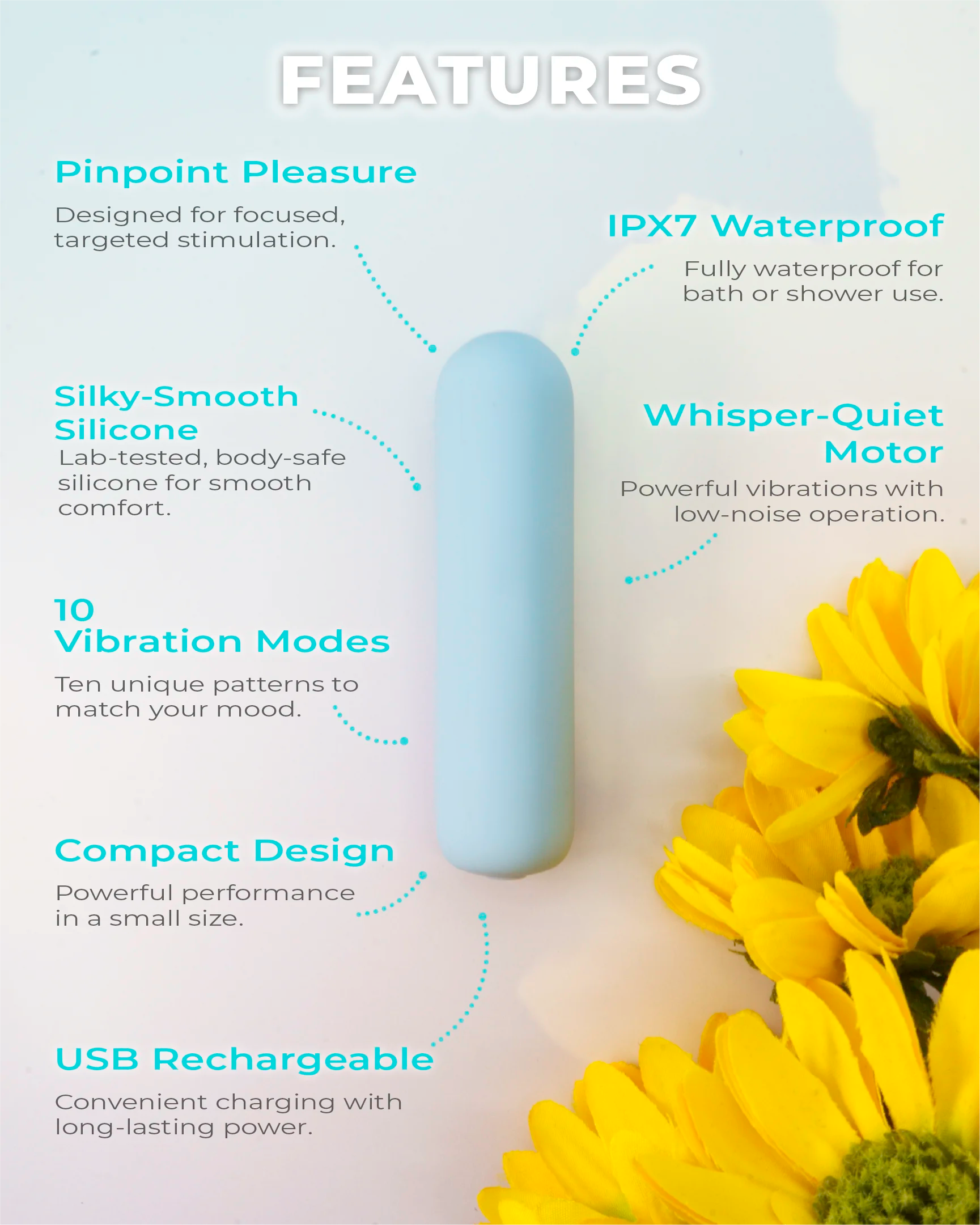 Joy Pippa pastel blue bullet vibrator featuring USB rechargeable battery, waterproof design, quiet motor and multiple vibration modes