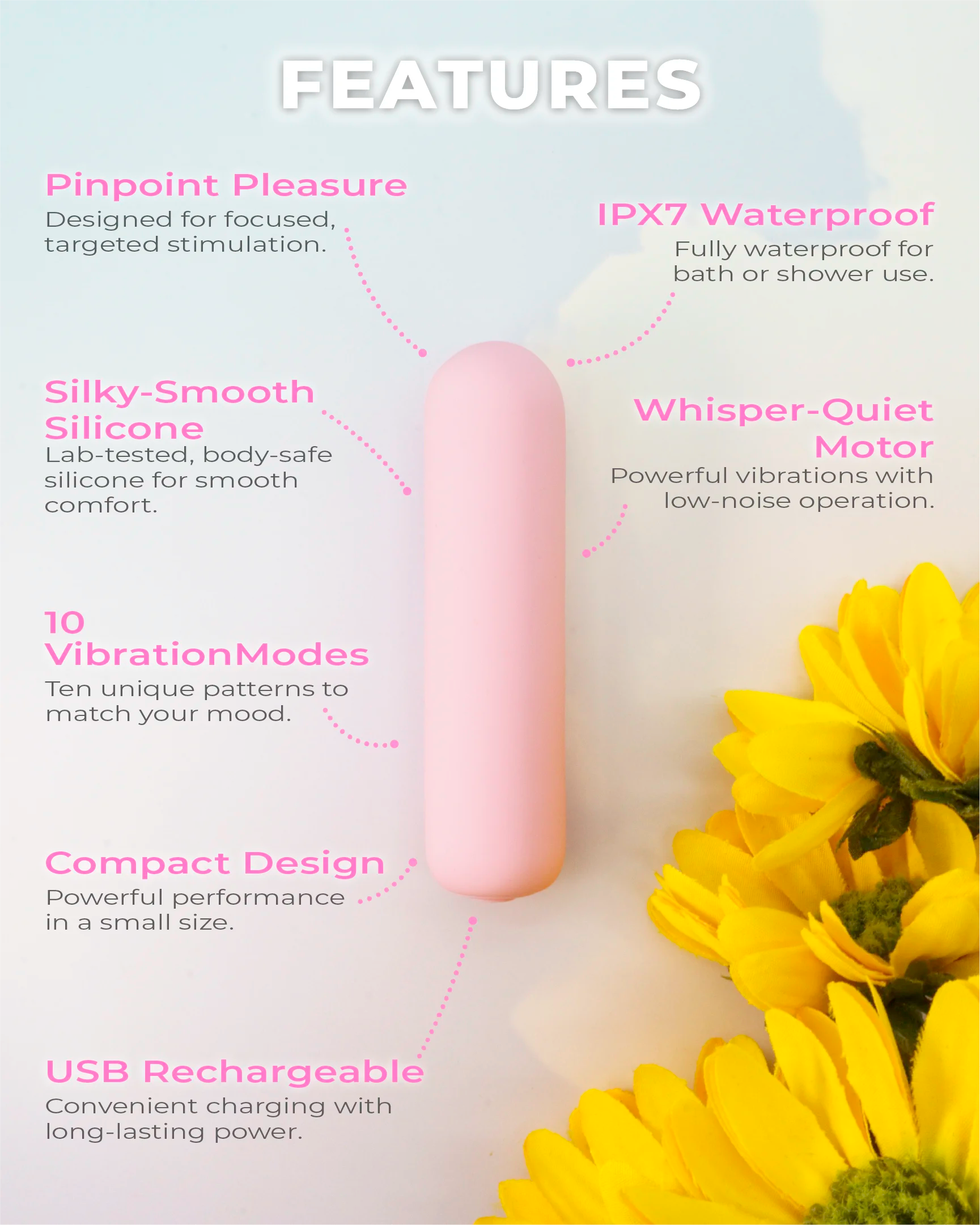 Joy Pippa pastel pink bullet vibrator featuring waterproof design, whisper-quiet motor, 10 vibration modes and USB rechargeable compact build
