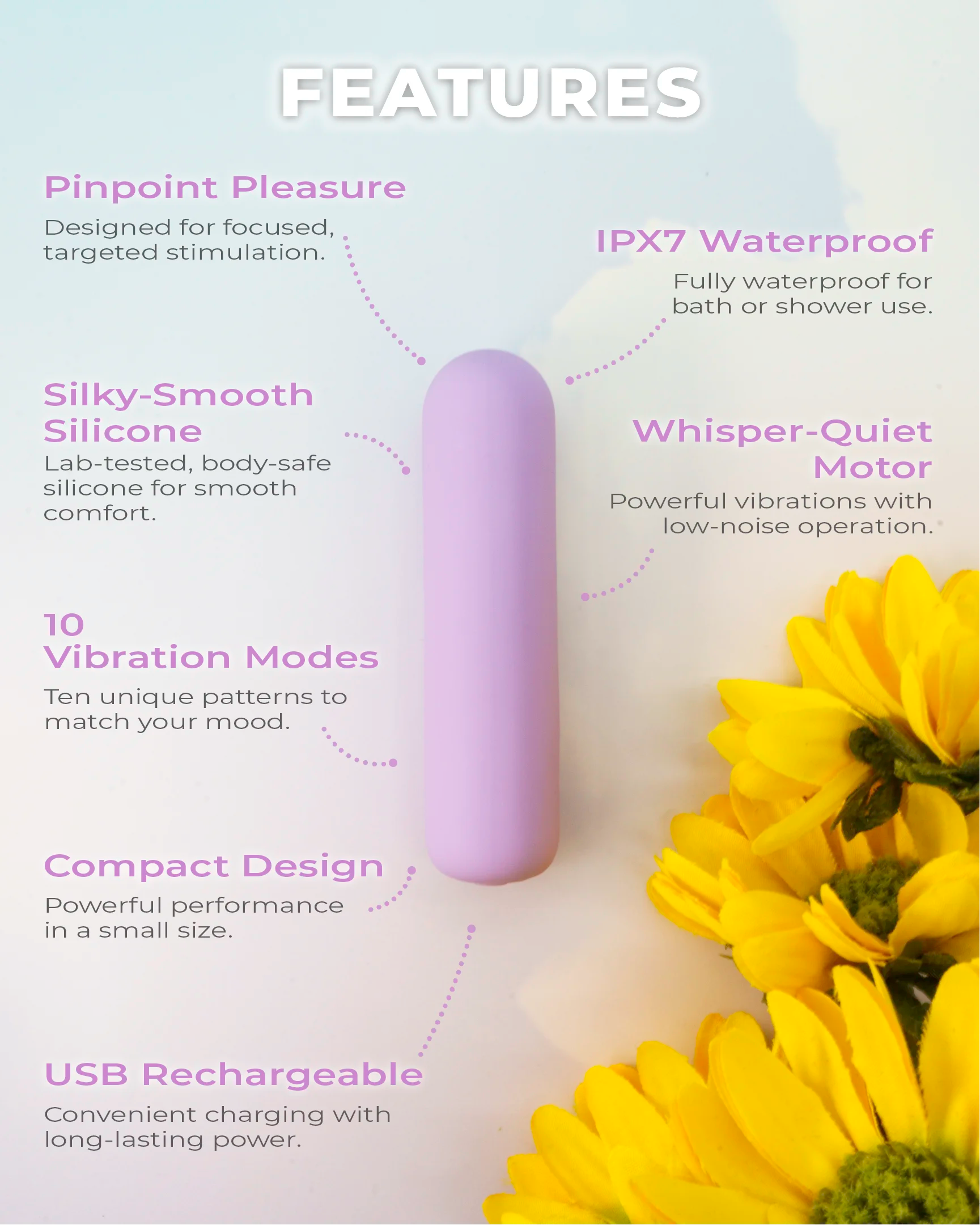 Joy Pippa pastel purple bullet vibrator with whisper-quiet motor, waterproof design, 10 vibration modes and USB rechargeable battery