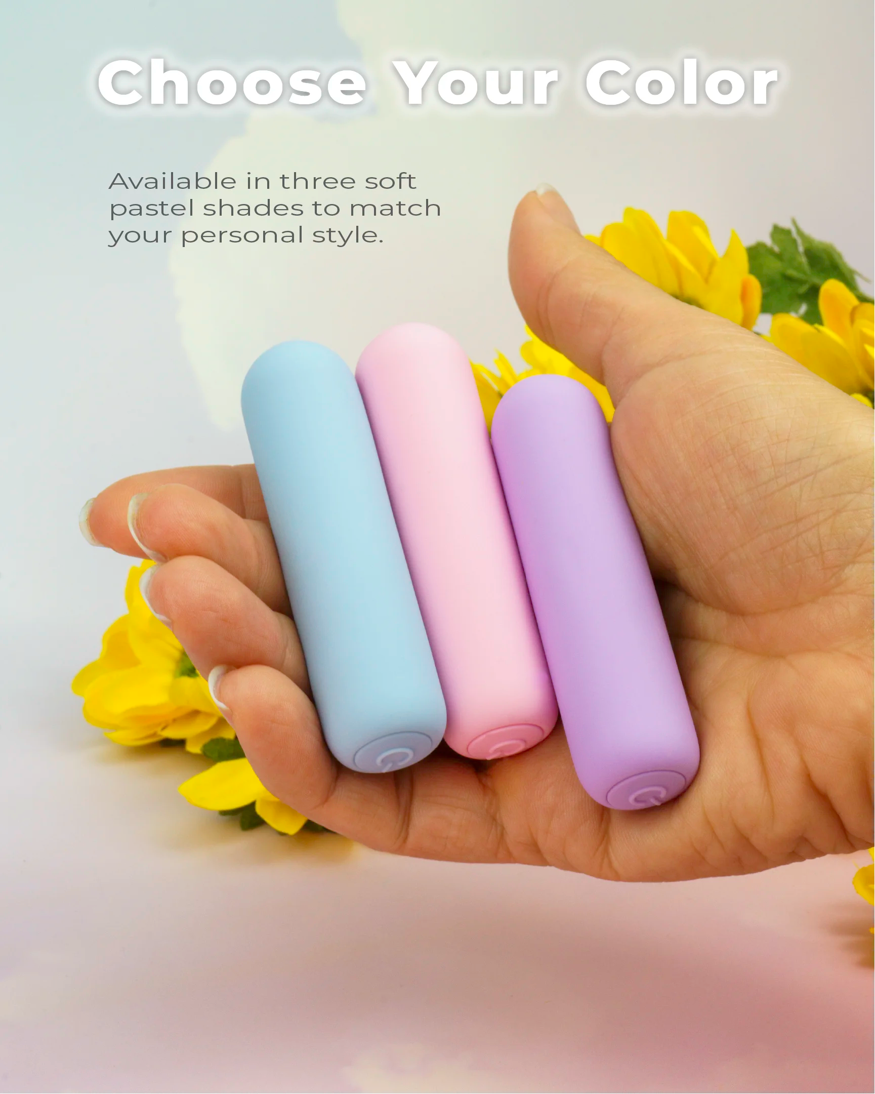 Joy Pippa rechargeable bullet vibrator shown in hand with pastel pink, purple and blue color options, compact discreet design with smooth body-safe silicone