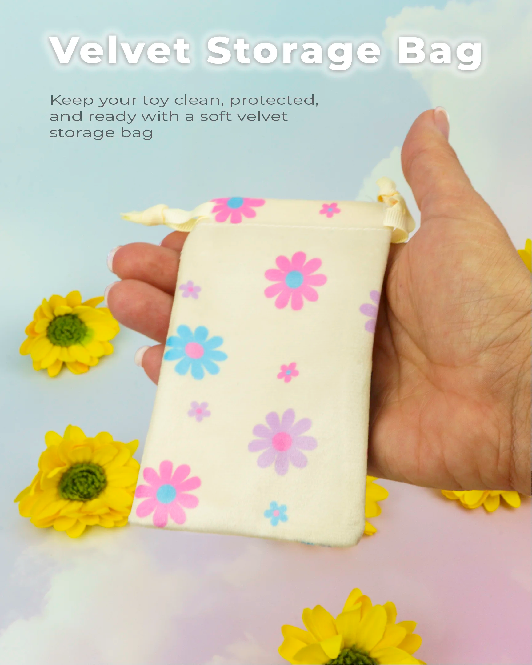 Joy velvet storage bag shown in hand, soft protective pouch designed to keep mini vibrators clean, organized and discreet for everyday use