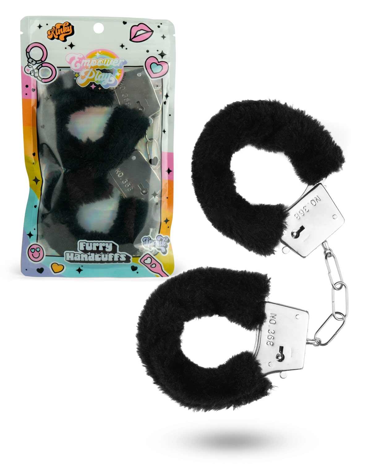 Midnight black furry handcuffs shown in Empower Play retail packaging with plush cuffs displayed outside the package for beginner bondage