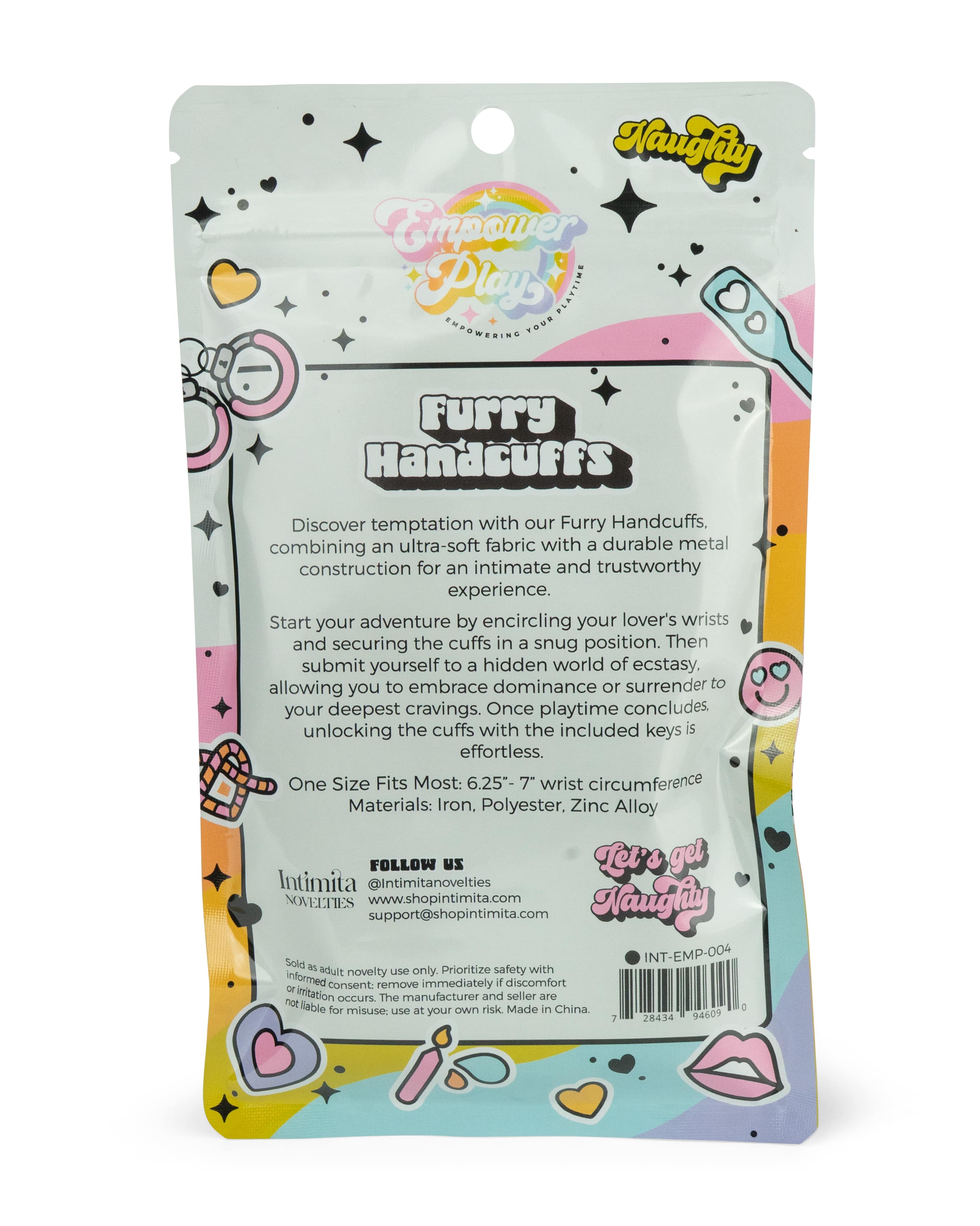 Back of midnight black furry handcuffs packaging with product information, sizing details, and safety guidance