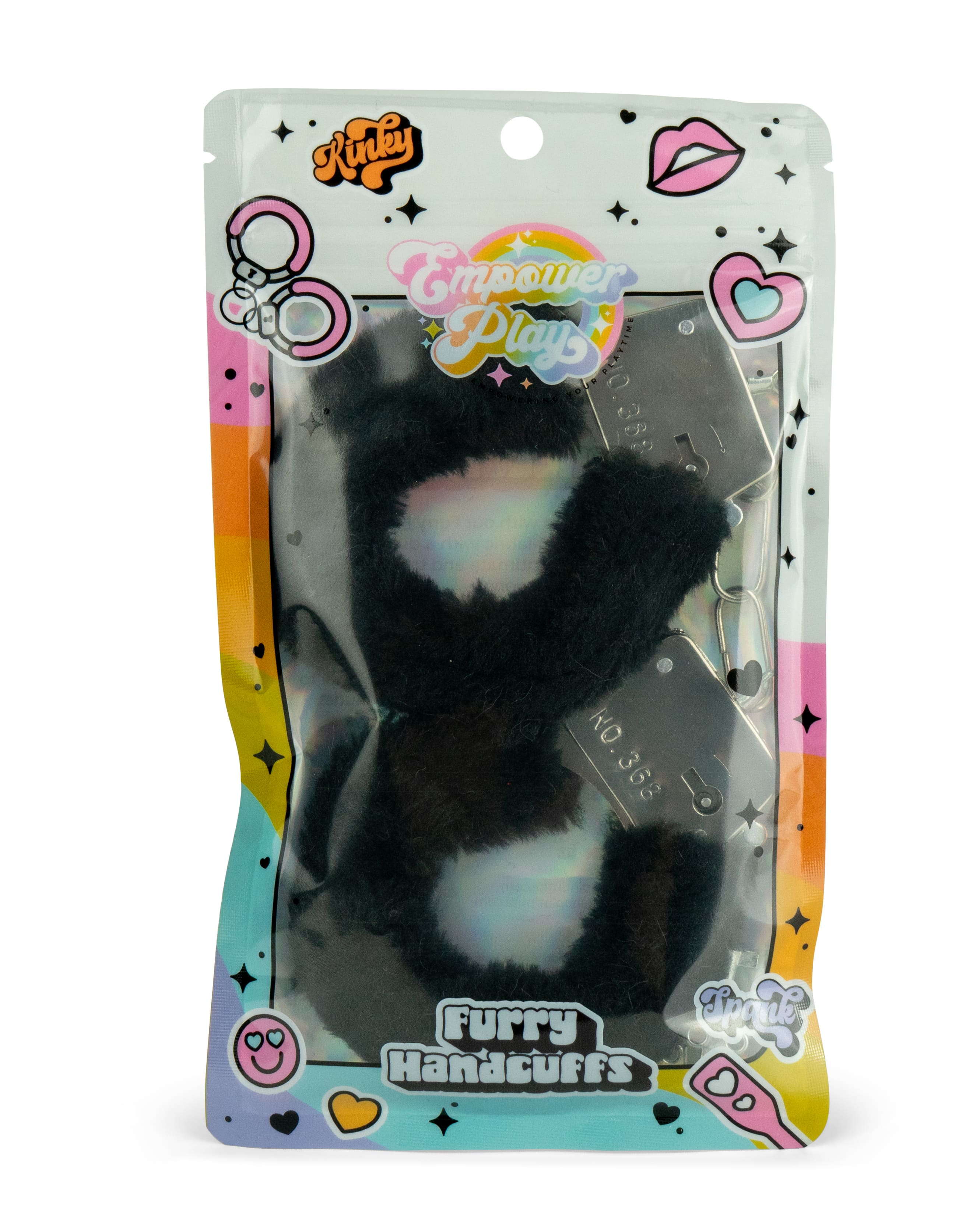 Front of Empower Play packaging for midnight black furry handcuffs designed for playful bondage experiences
