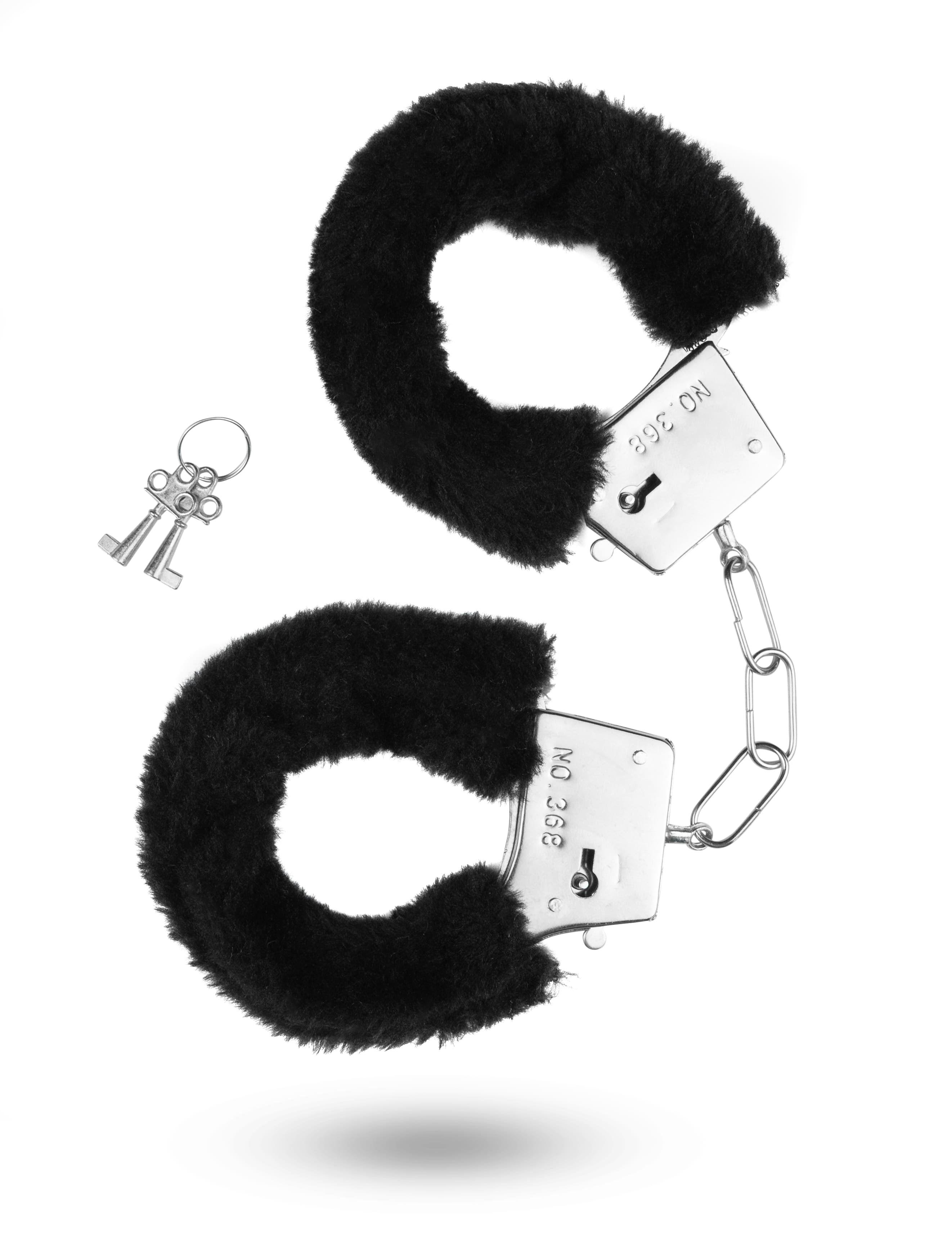 Midnight black furry handcuffs with metal chain and keys, soft plush cuffs designed for beginner bondage, restraint, and roleplay
