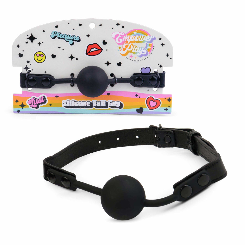 Midnight black silicone ball gag by Empower Play with retail packaging, classic mouth gag