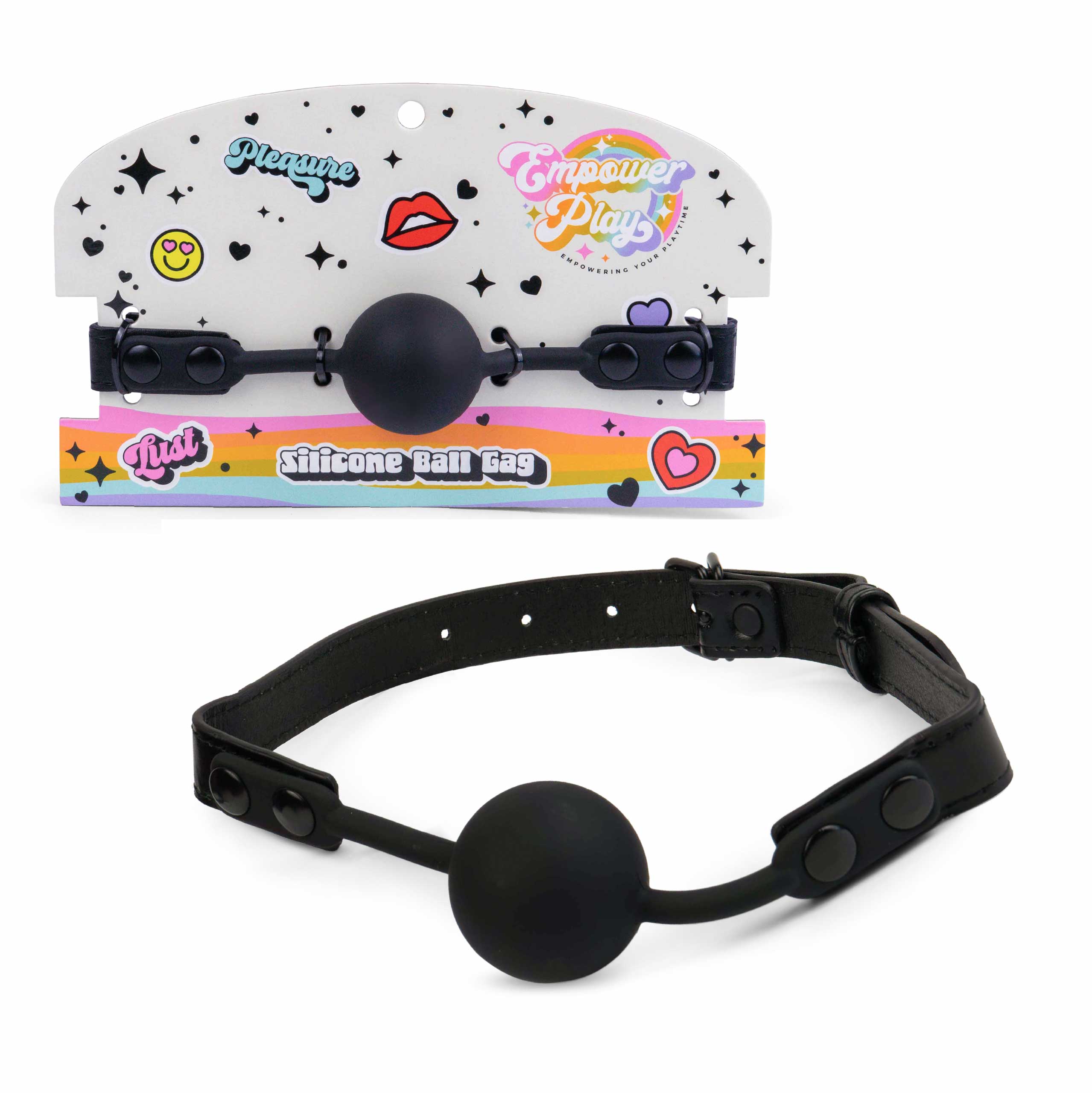 Midnight black silicone ball gag by Empower Play with retail packaging, classic mouth gag