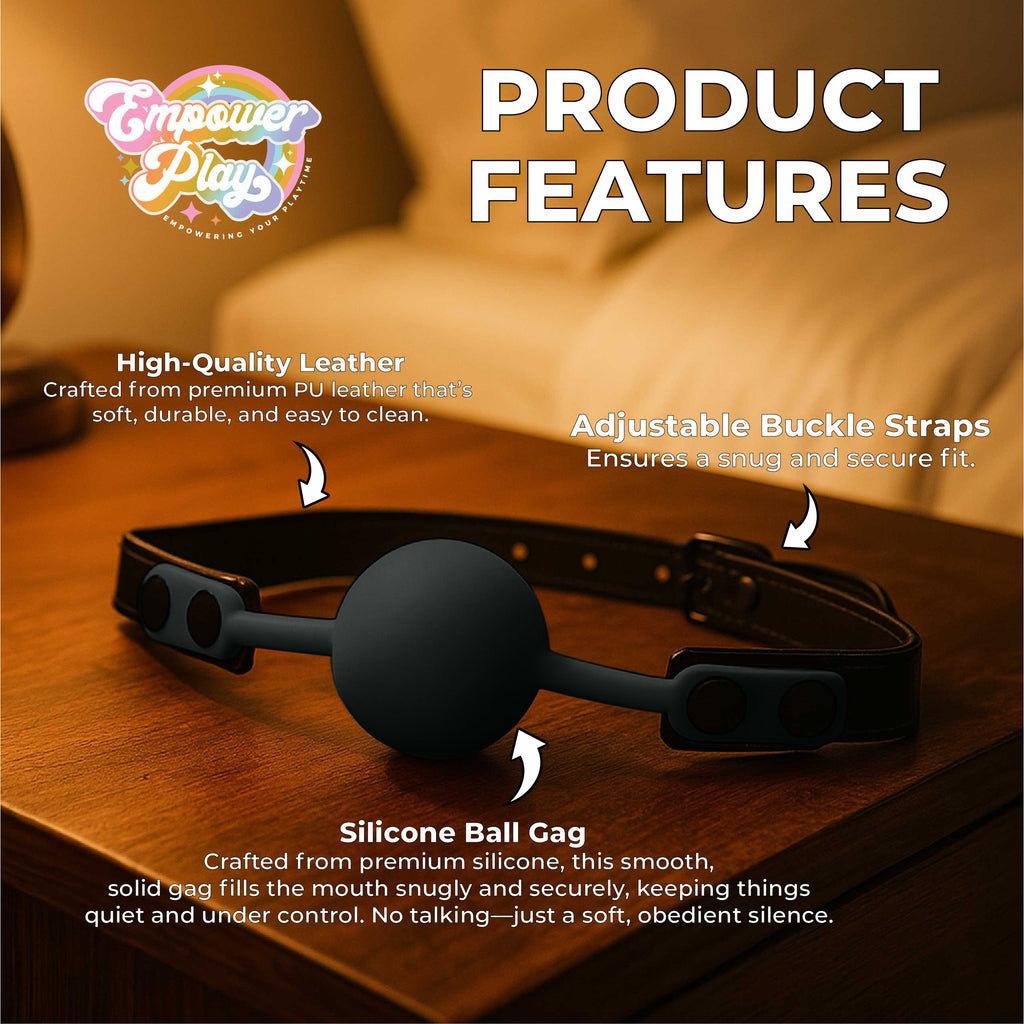 Midnight black silicone ball gag showing soft silicone ball and adjustable buckle straps