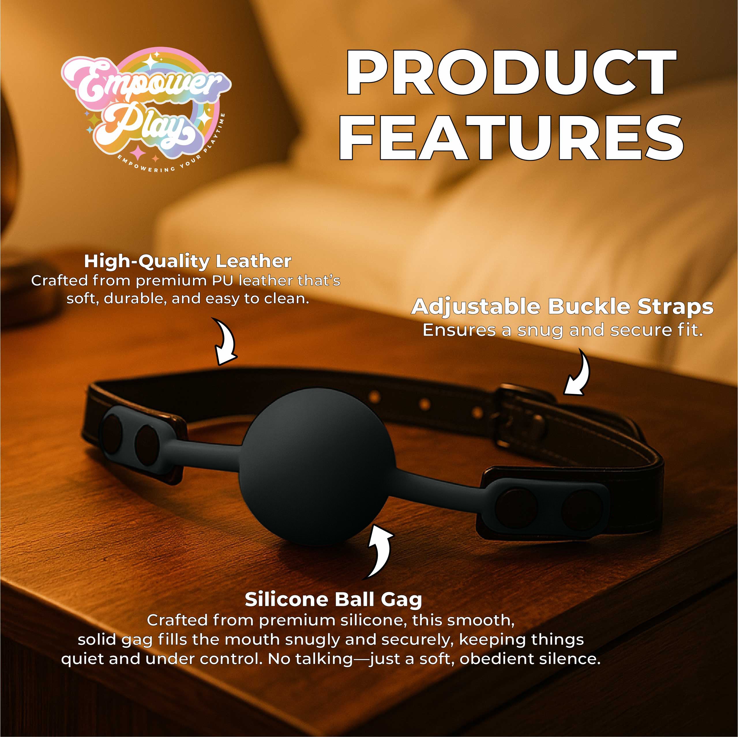 Midnight black silicone ball gag showing soft silicone ball and adjustable buckle straps