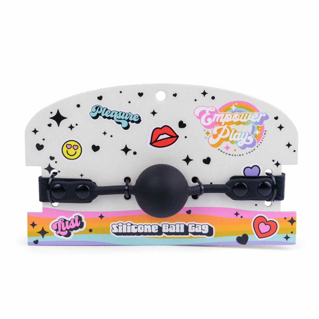 Front view of midnight black silicone ball gag retail packaging