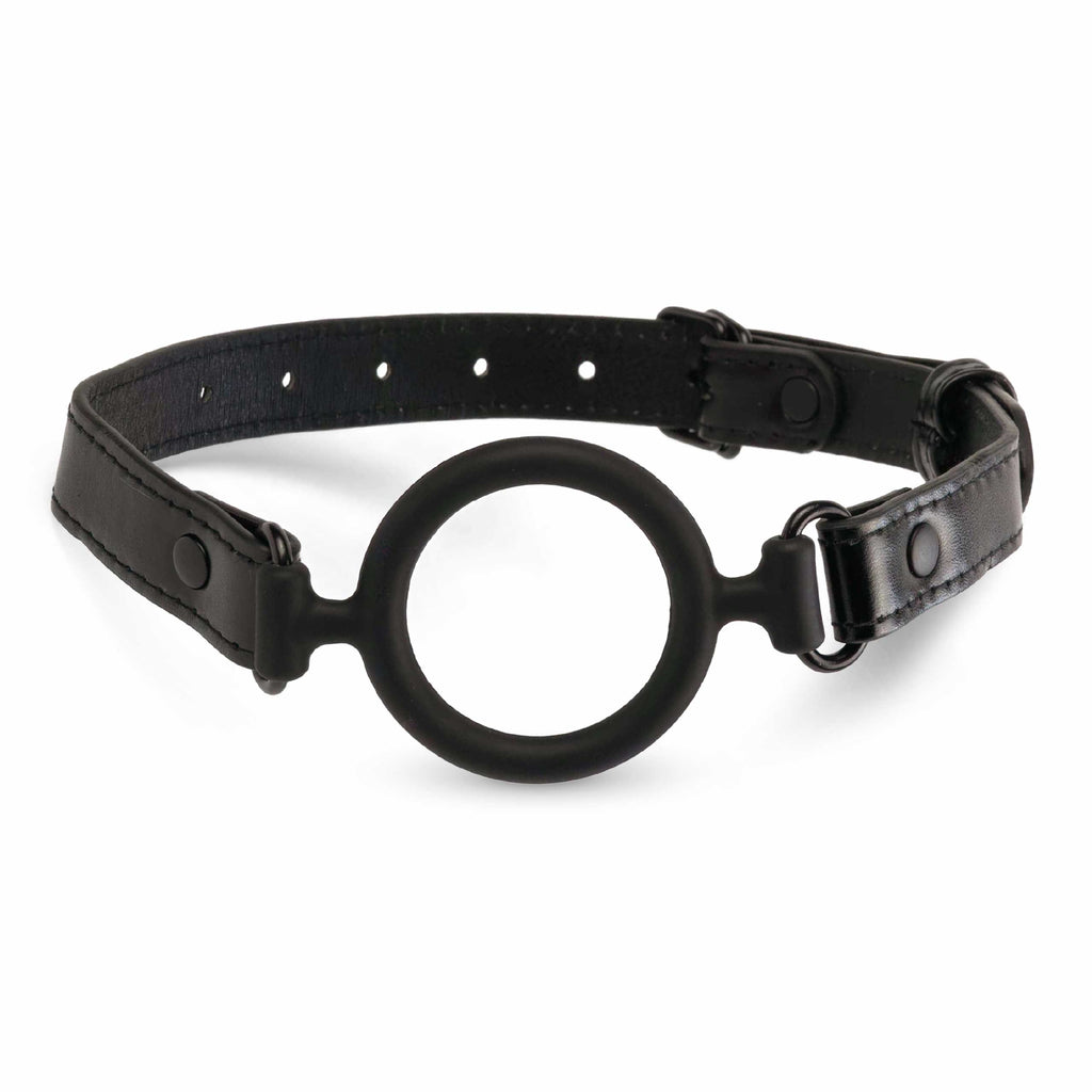 Adjustable midnight black silicone O-ring mouth gag with PU leather straps and buckle closure