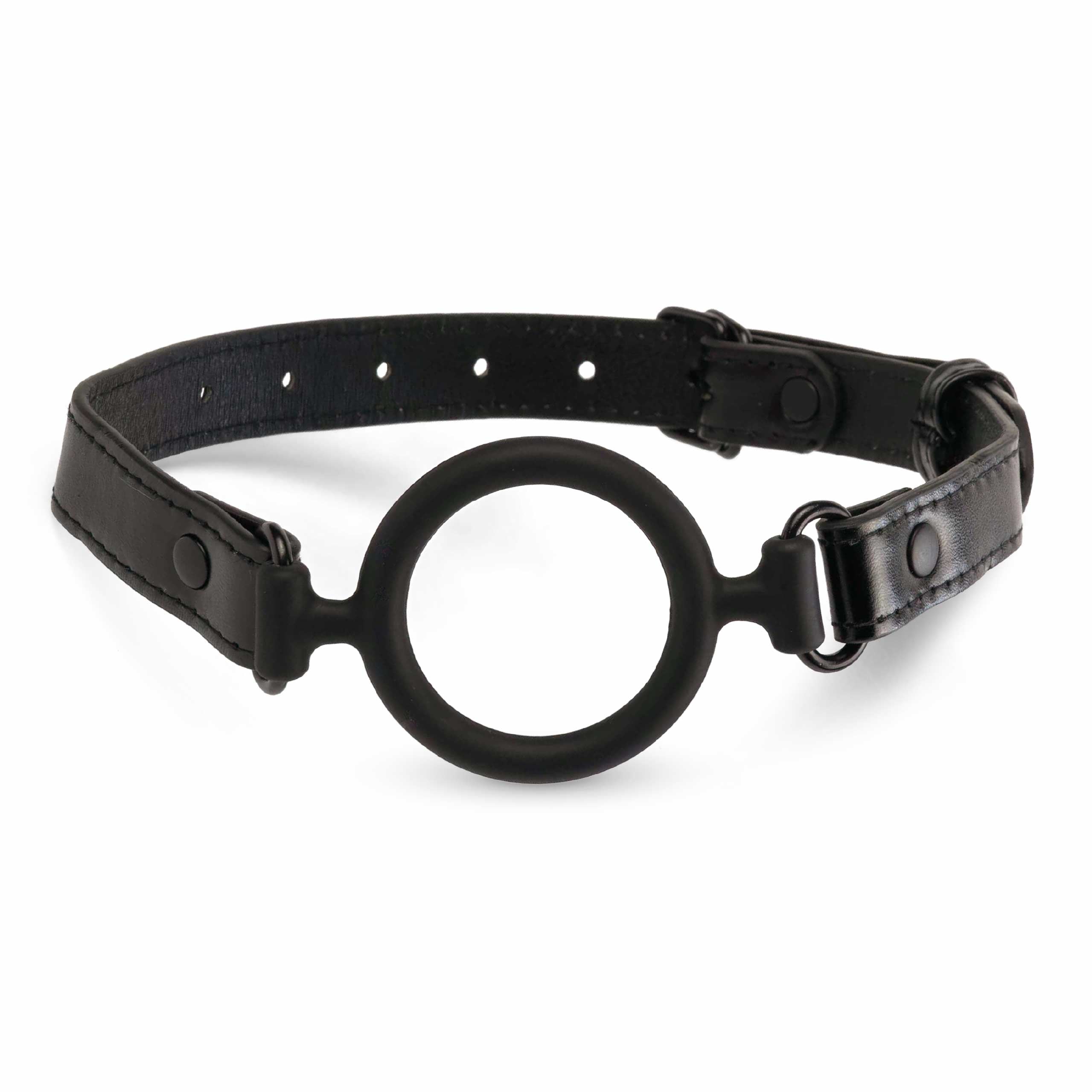 Adjustable midnight black silicone O-ring mouth gag with PU leather straps and buckle closure