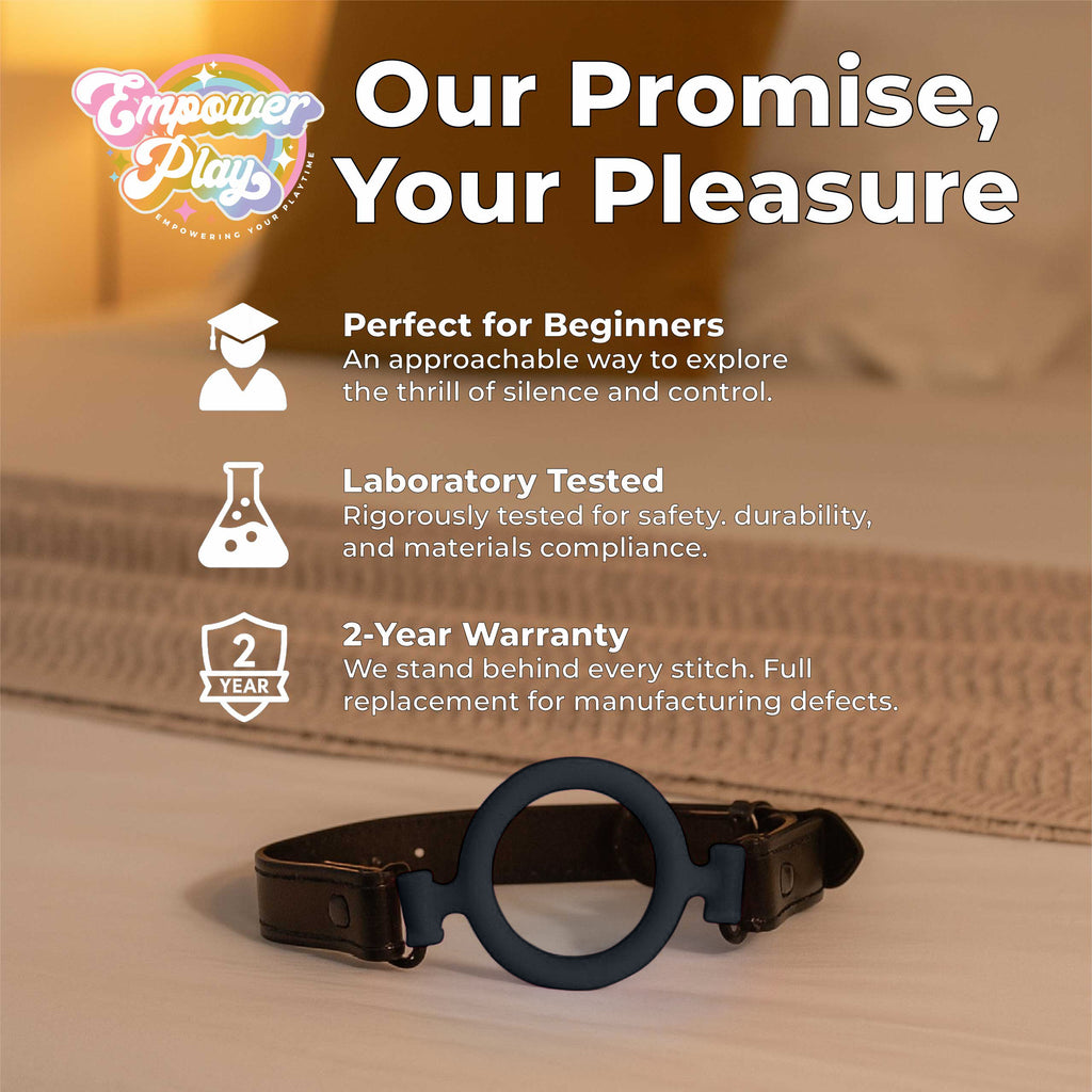 Empower Play silicone O-ring gag shown with beginner-friendly design, testing standards, and warranty promise