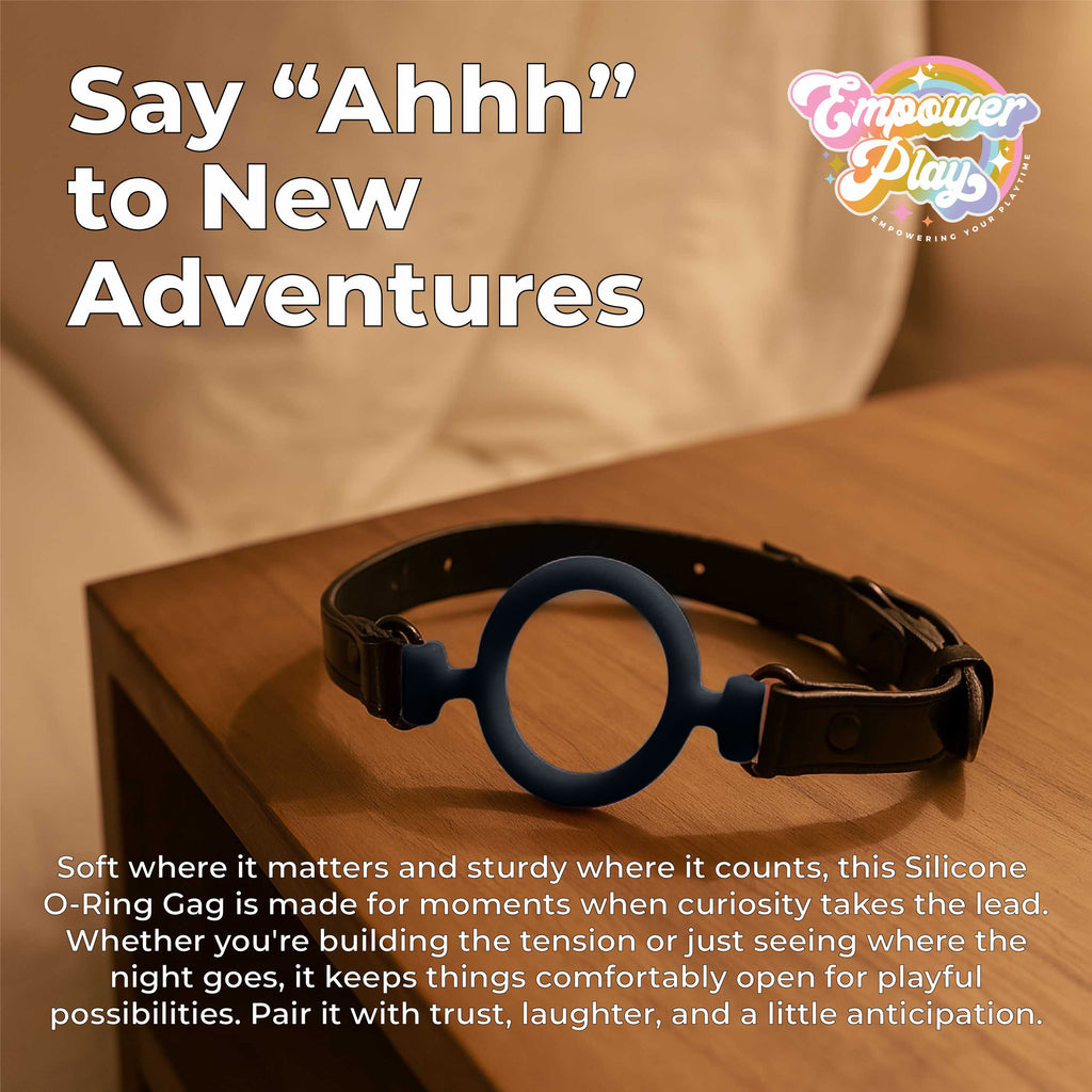 Midnight black silicone O-ring gag styled for sensual lifestyle play emphasizing control and anticipation
