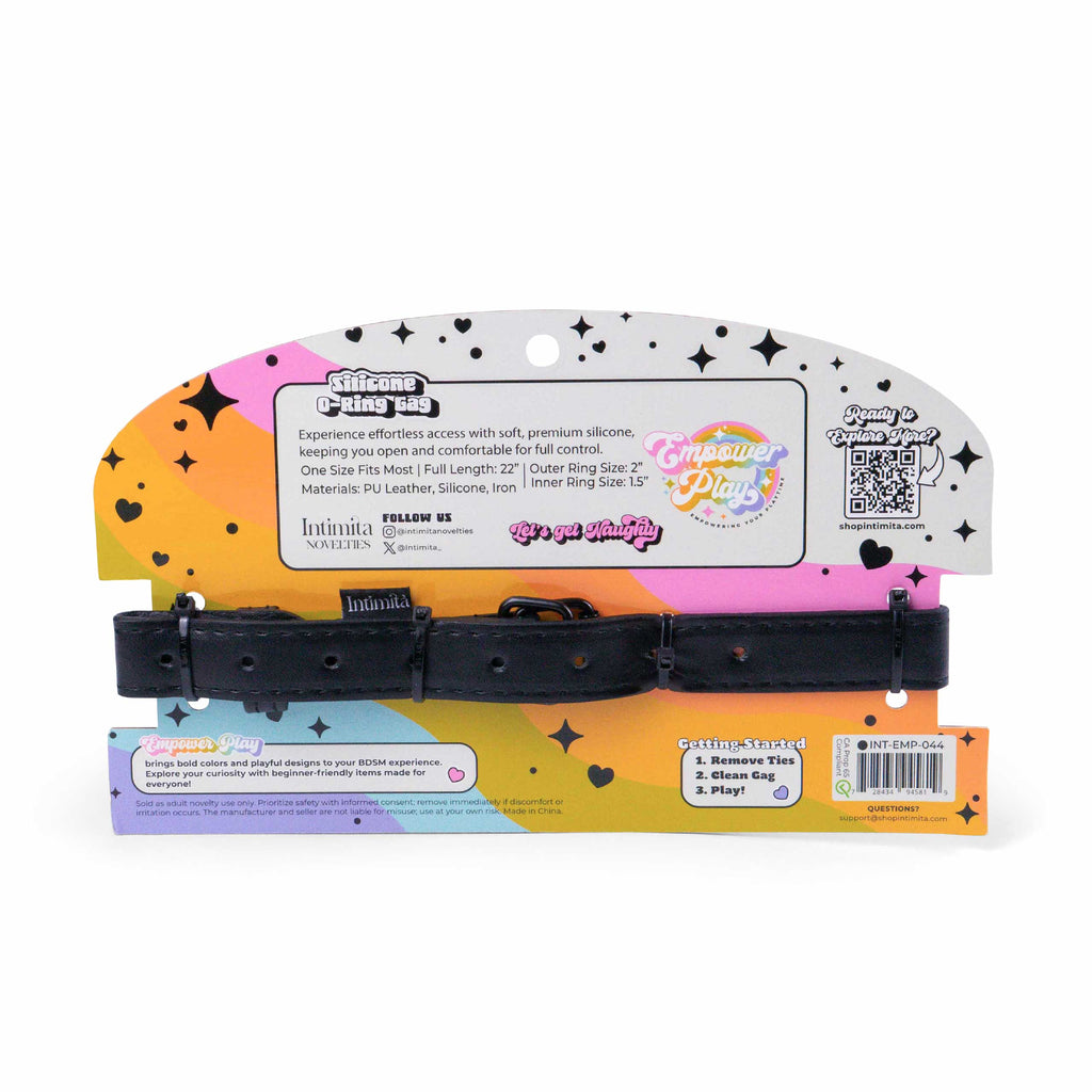 Back of Empower Play silicone O-ring gag packaging showing materials, sizing, and care information