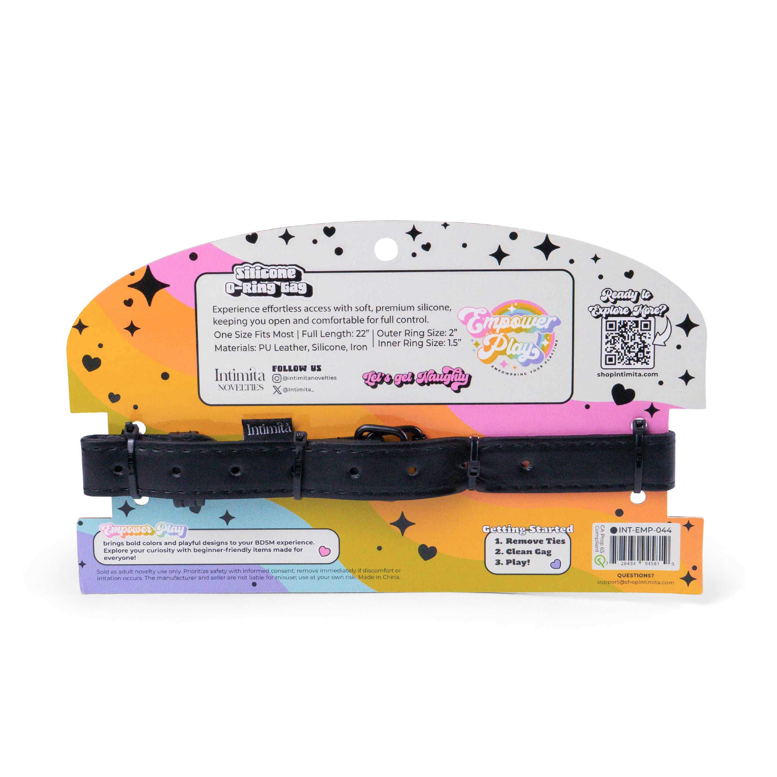 Back of Empower Play silicone O-ring gag packaging showing materials, sizing, and care information