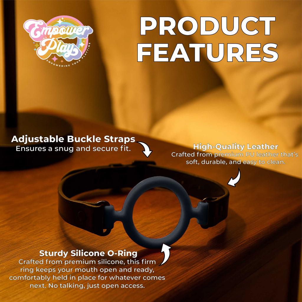 Product features of midnight black silicone O-ring gag highlighting adjustable straps and body-safe silicone ring
