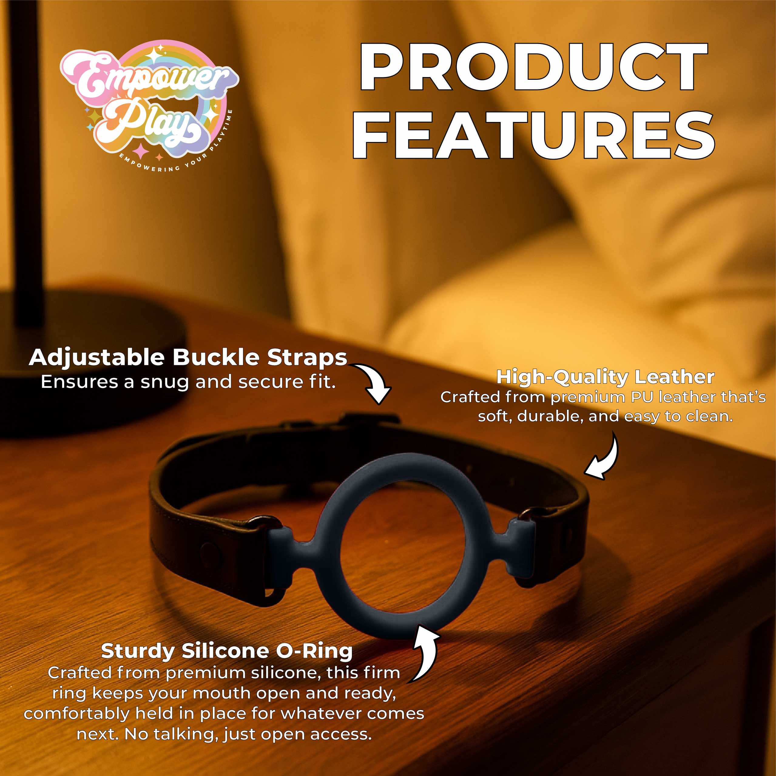 Product features of midnight black silicone O-ring gag highlighting adjustable straps and body-safe silicone ring