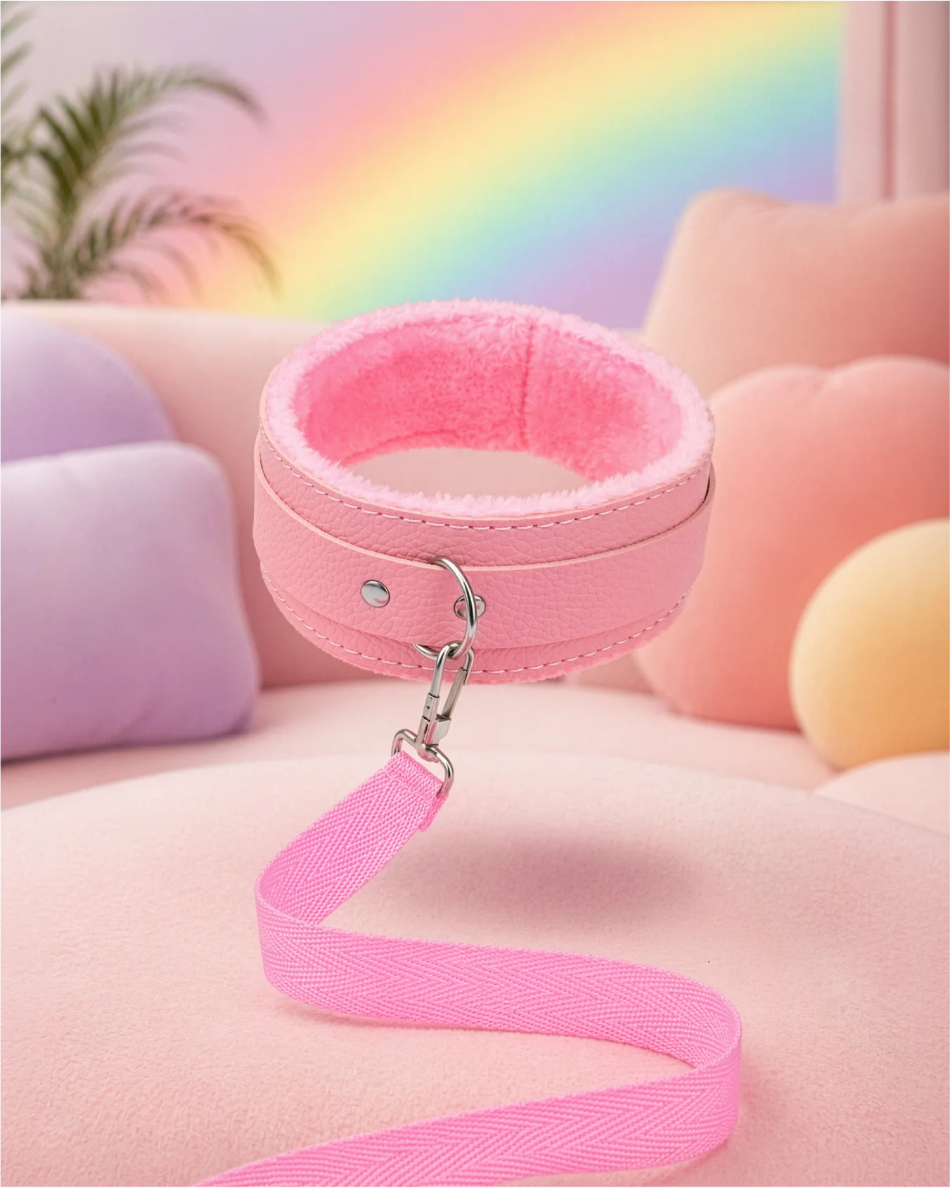 Pink BDSM collar and leash set floating in pastel bedroom, soft fur lined collar designed for comfortable beginner restraint