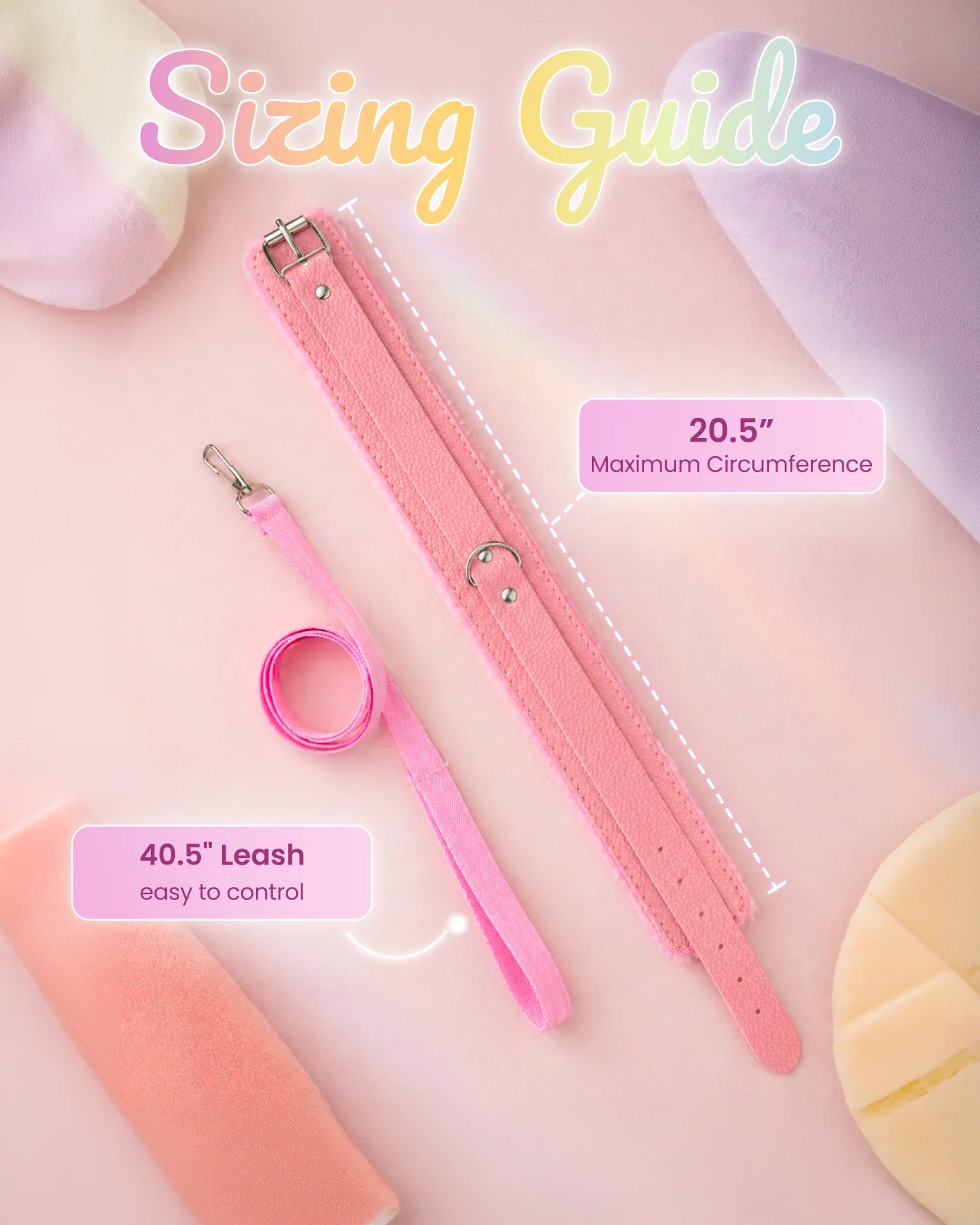 Pink BDSM collar and leash sizing guide showing adjustable collar fit and leash length for comfortable and secure wear