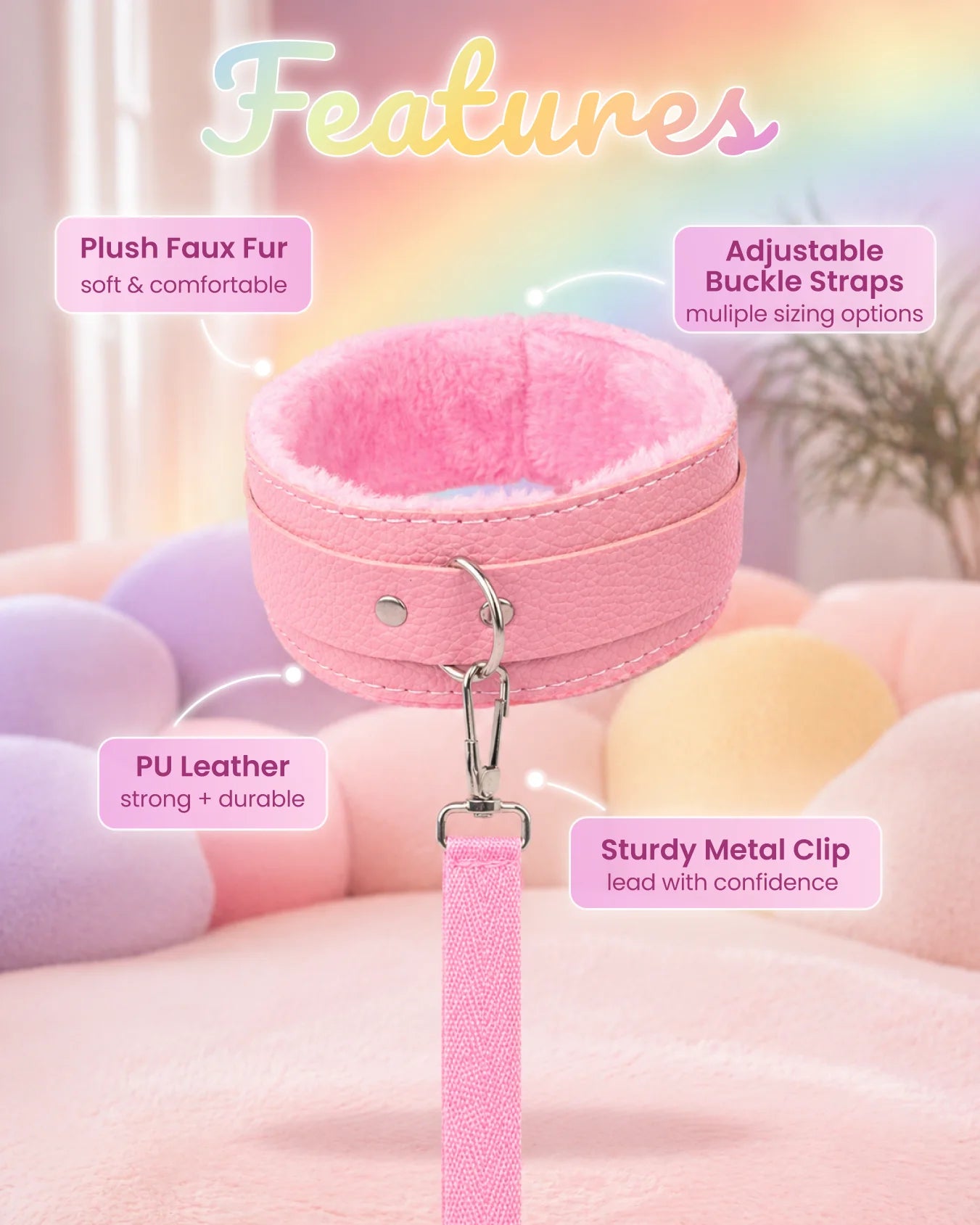 Pink BDSM collar and leash highlighting soft faux fur lining, adjustable fit, and durable clip for comfortable restraint play