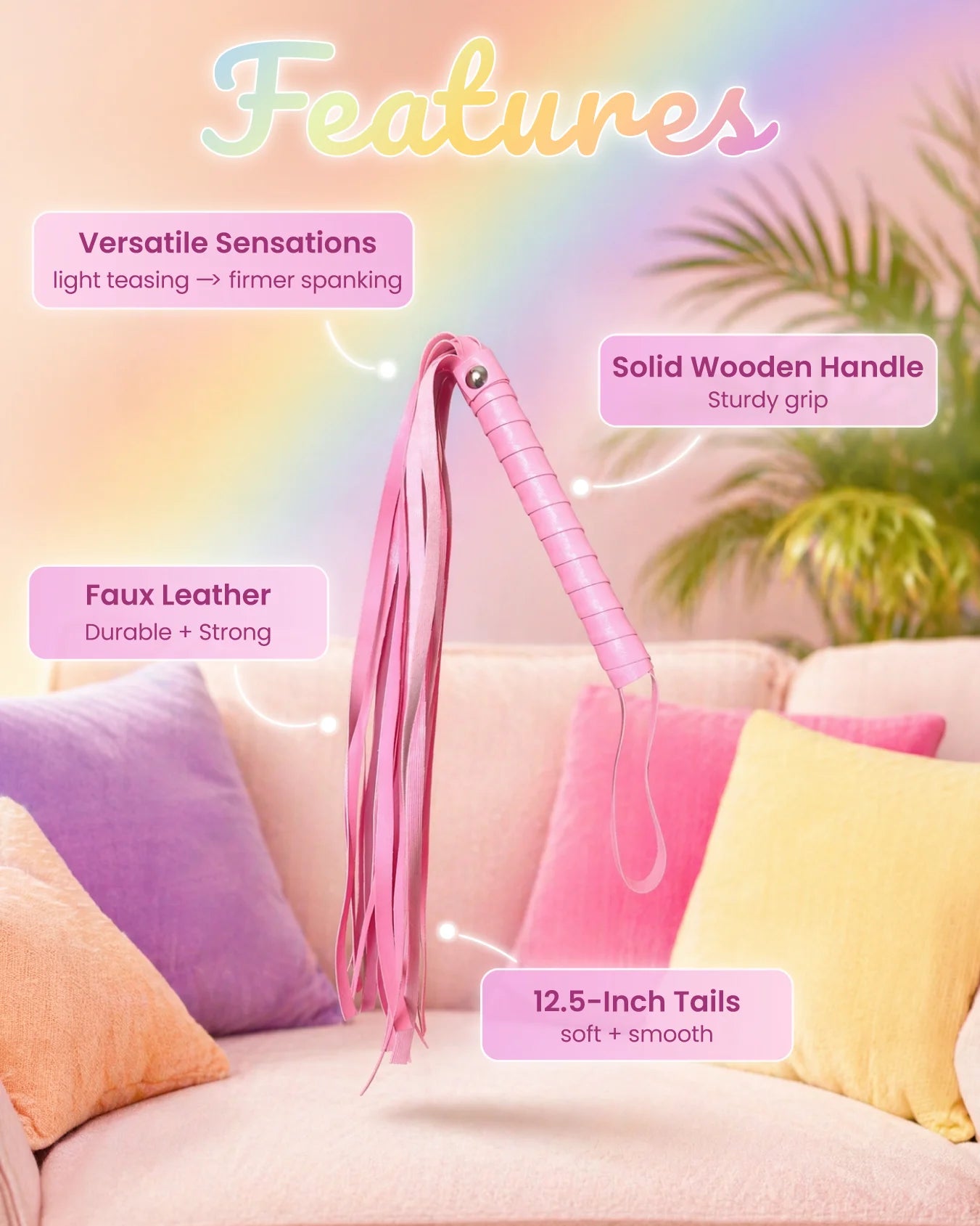Pink faux leather BDSM flogger features including soft tails, wooden handle, and beginner-friendly impact design
