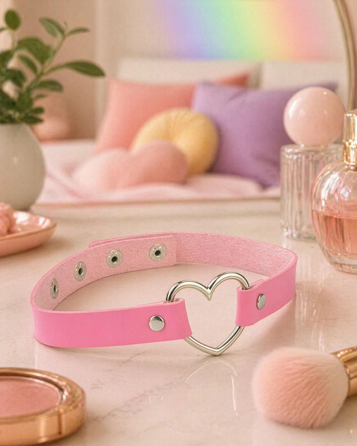 Pink BDSM heart choker collar resting on vanity counter, adjustable faux leather collar with metal heart detail for bondage styling