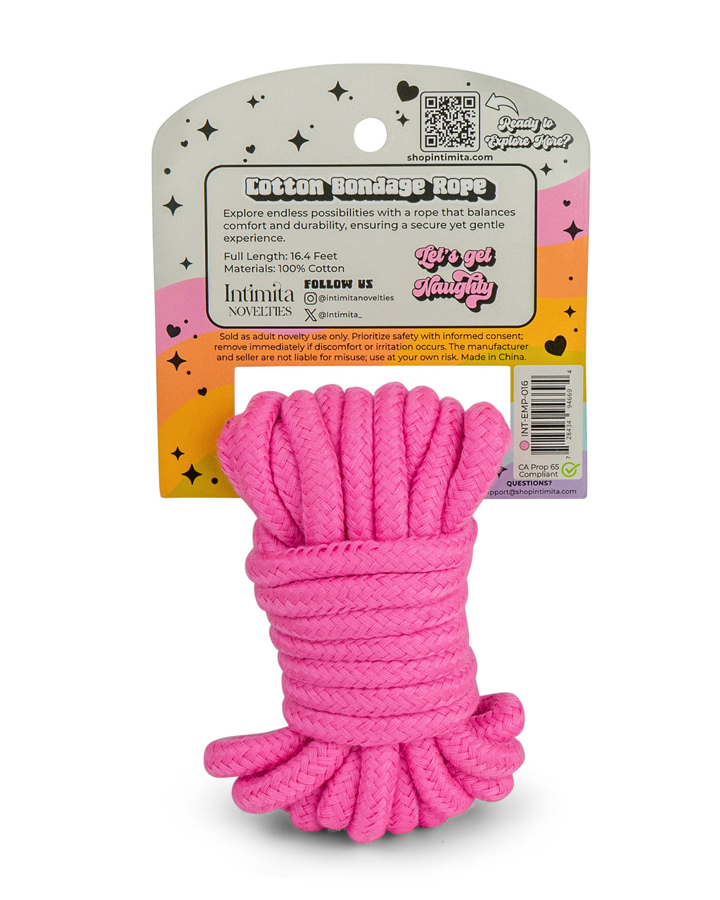 Back of pink cotton bondage rope packaging with product details, material information, and usage guidance