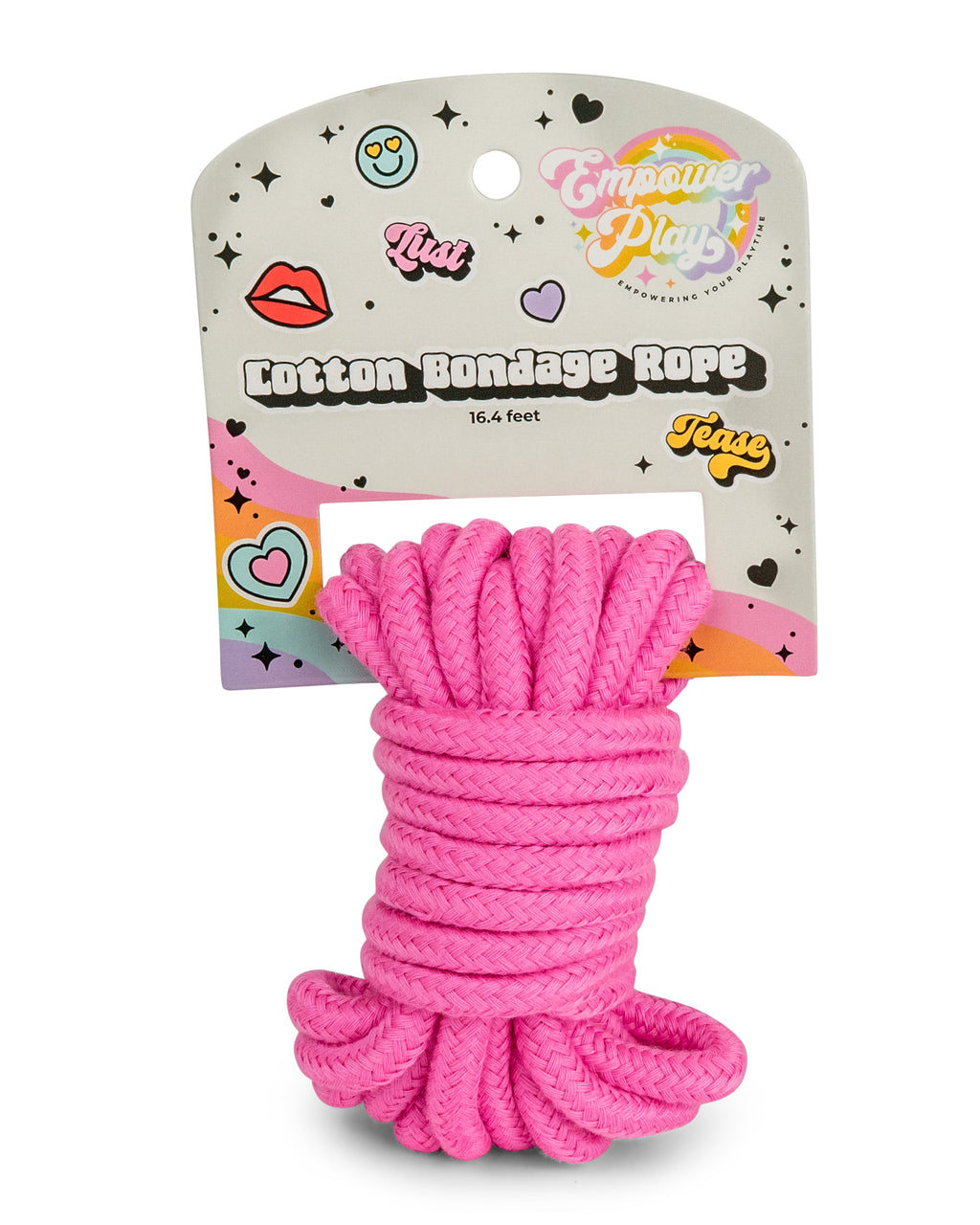 Pink cotton bondage rope, 16.4 feet long, soft and durable rope for beginner bondage and gentle restraint, shown in retail packaging