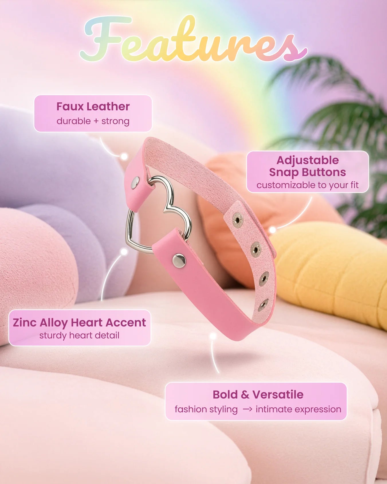 Pink faux leather BDSM heart choker showing adjustable snap buttons, durable material, and metal heart ring for secure collar fit