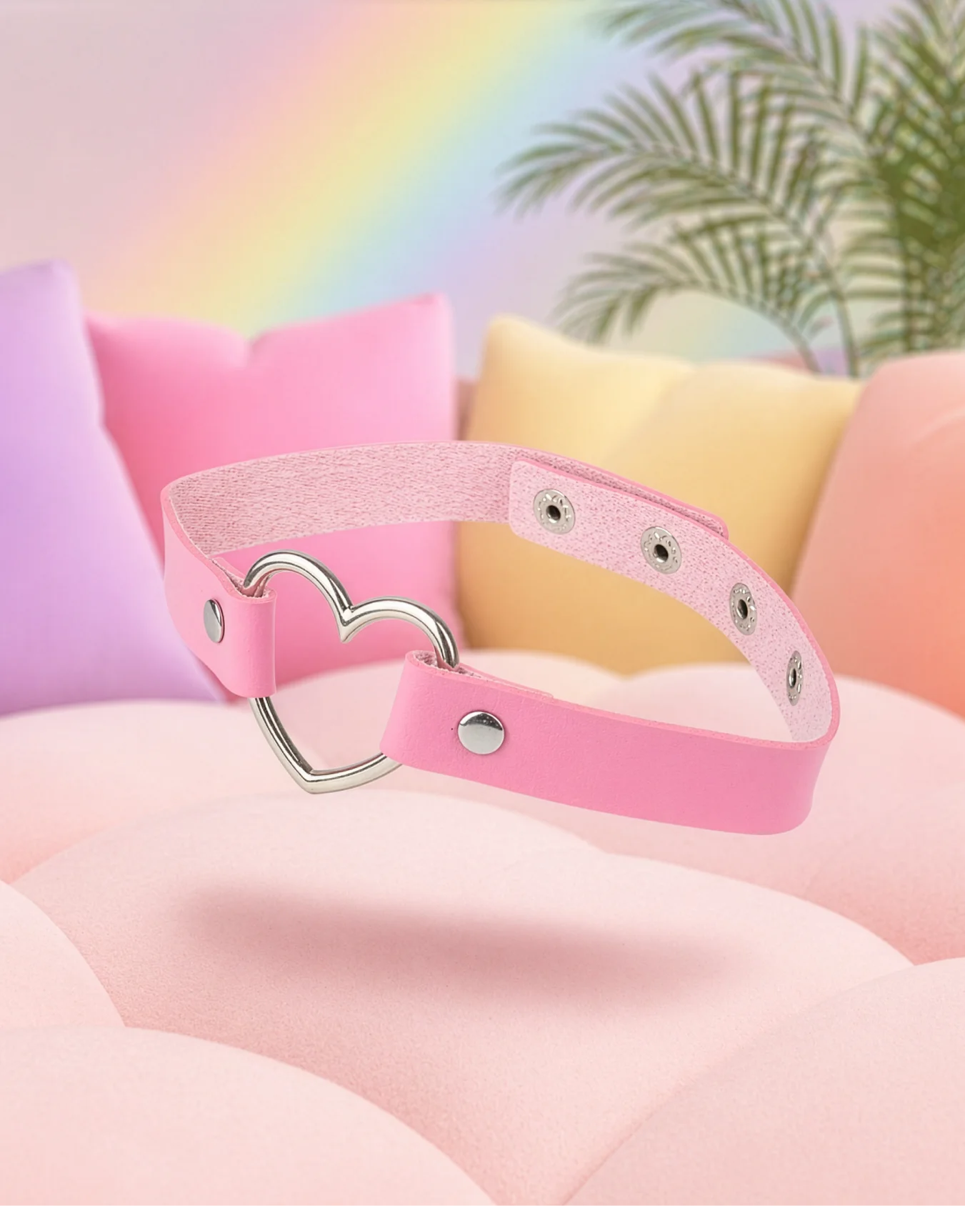 Pink faux leather heart choker collar floating on pastel bed, beginner-friendly BDSM collar with metal heart ring and adjustable fit